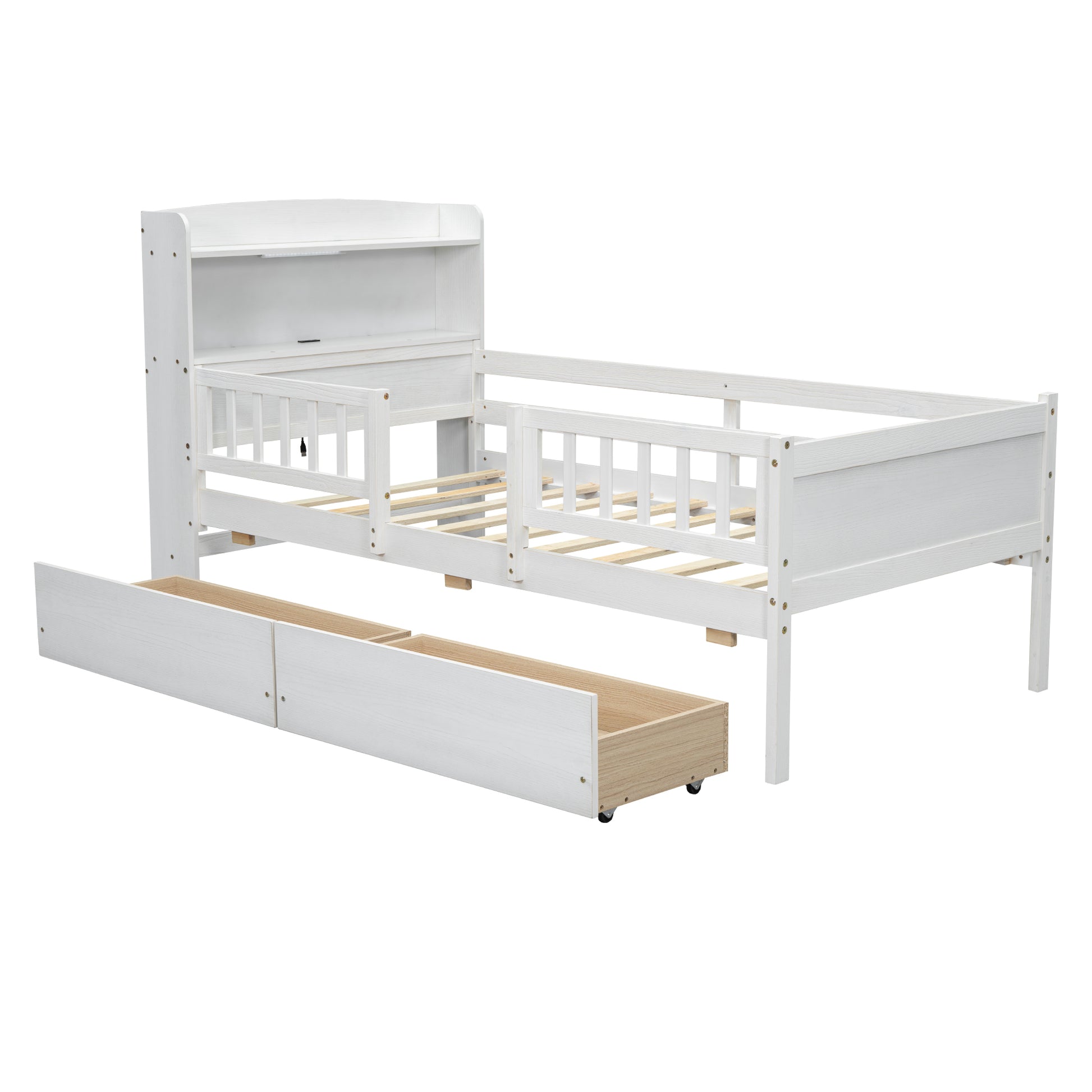 Wood Twin Size Platform Bed With Built In Led Light, Multi Functional Headboard, Guardrail And 2 Drawers, White Expected Arrival Time: 3.15 Box Spring Not Required Twin White Wood Bedroom Bed Frame