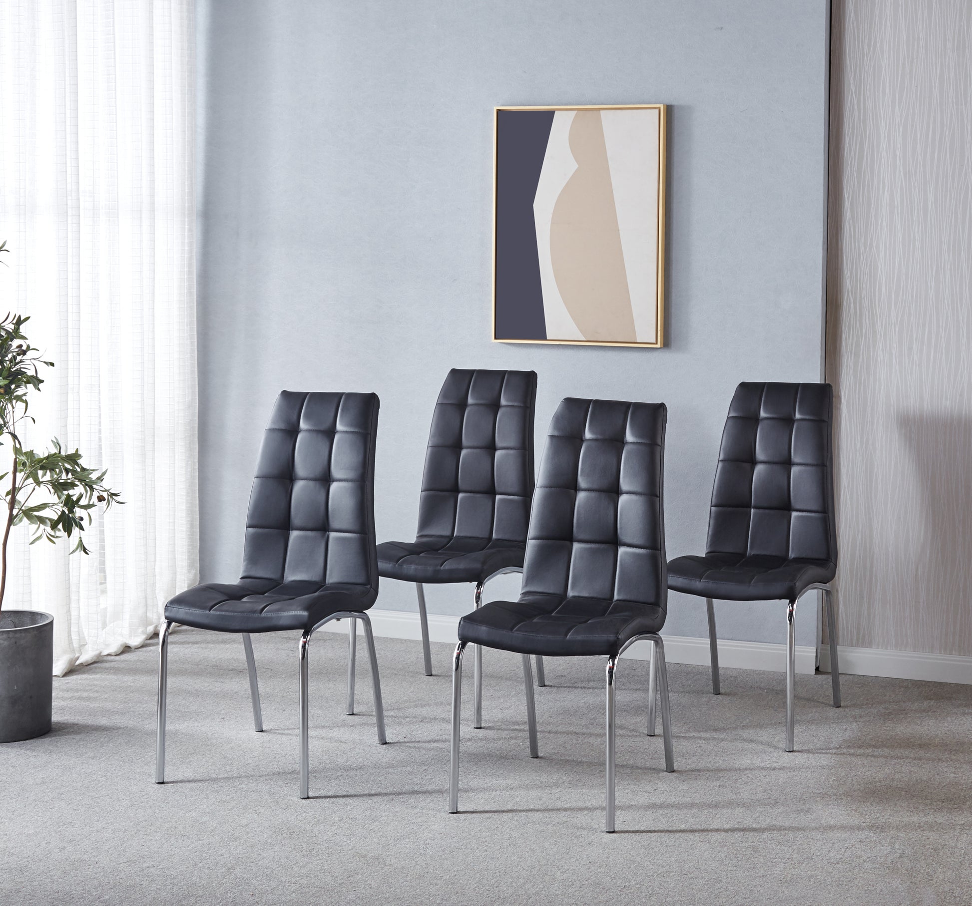 Modern Lattice Designdining Chair With Silver Metal Legs Set Of 4 White Black Metal