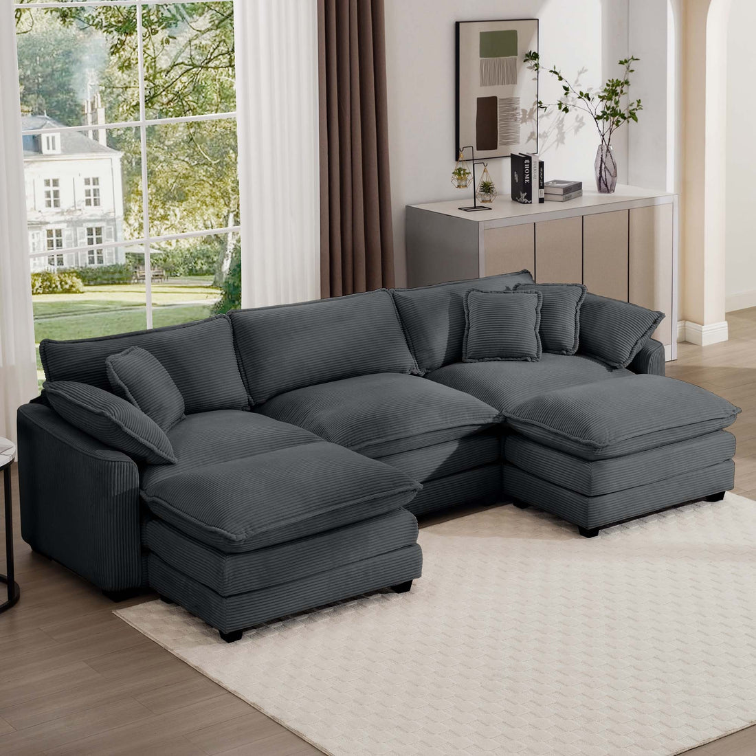 Oversized Modular Cushion Sofa, Portable Ottoman, L Shaped Corner Low Back Deep Seating Spacious Sofa Set And Sofa Bed For Home Apartment Living Room Set, Grey Corduroy Grey Corduroy 3 Seat