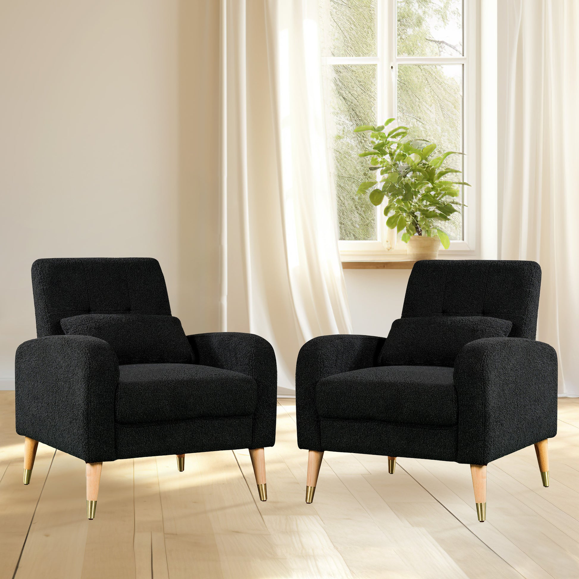 Mid Century Modern Accent Chair, Upholstered Armchair Living Room Chair, Comfy Single Sofa Chair With Metal Legs, Polyester Fabric Chair For Living Room Bedroom Black Sherpa
