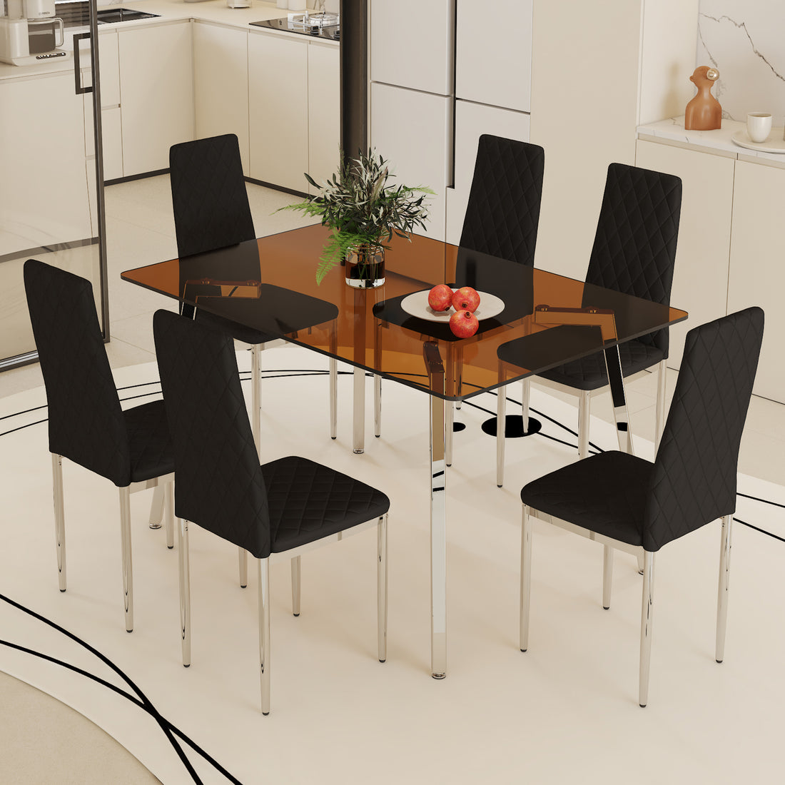 Table And Chair Set.Large Modern Rectangular Table With Brown Glass Top And Silver Metal Legs. Paired With 6 Black Chairs With Checkered Armless High Back Pu Cushion And Silver Metal Legs. Black,Silver Seats 6 Glass Metal