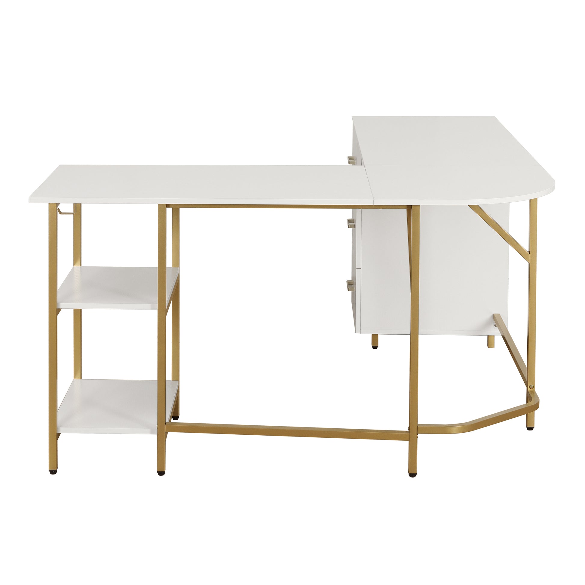 Techni Mobili L Shape Home Office Two Tone Desk With Storage, Gold Gold Computer Desk Office Modern L Shape Engineered Wood