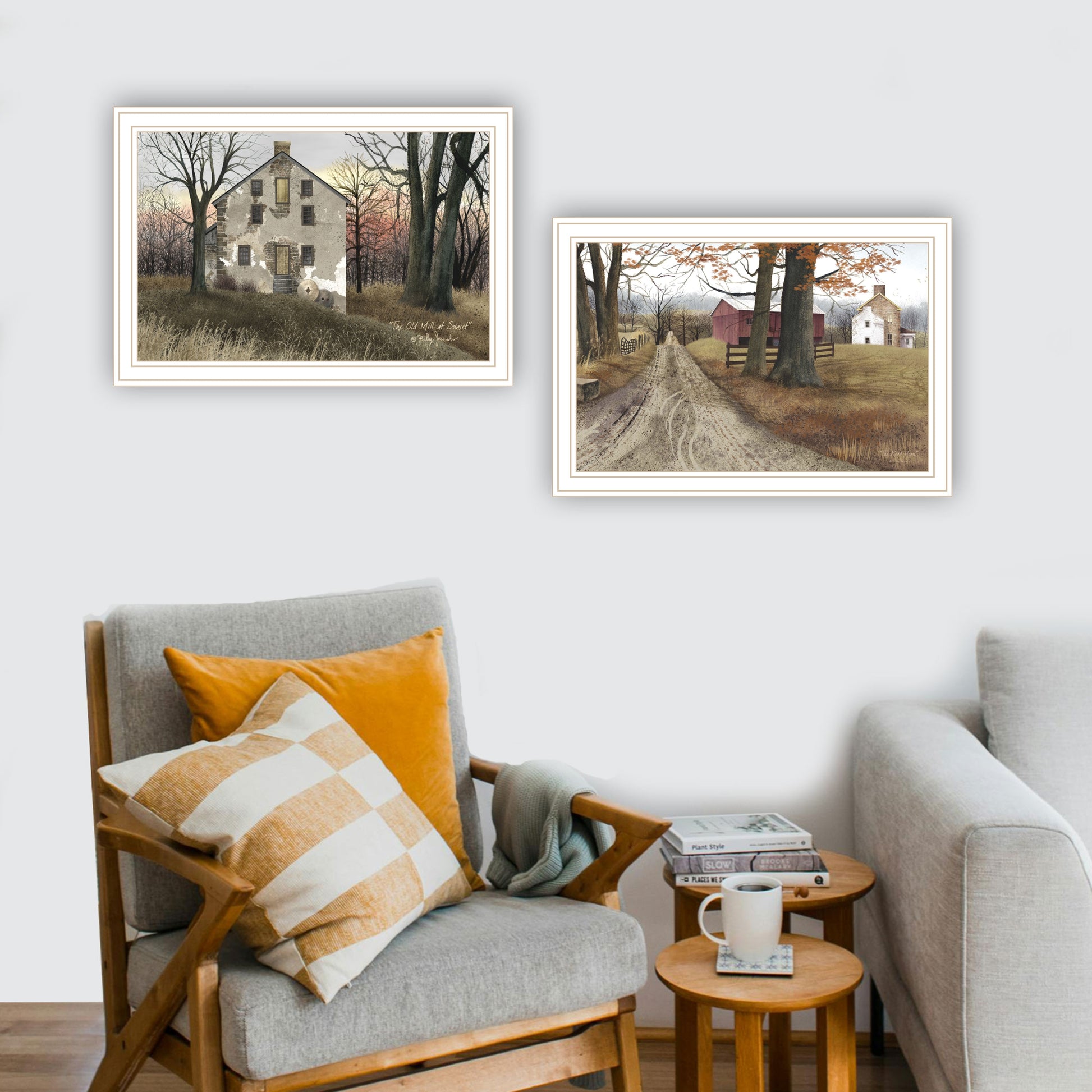 2 Piece Vignette The Old Mill & A Road Home White Framed Wall Art For Living Room, Bedroom Wall Art Print For Home Decor By Billy Jacobs Multicolor Wood Paper
