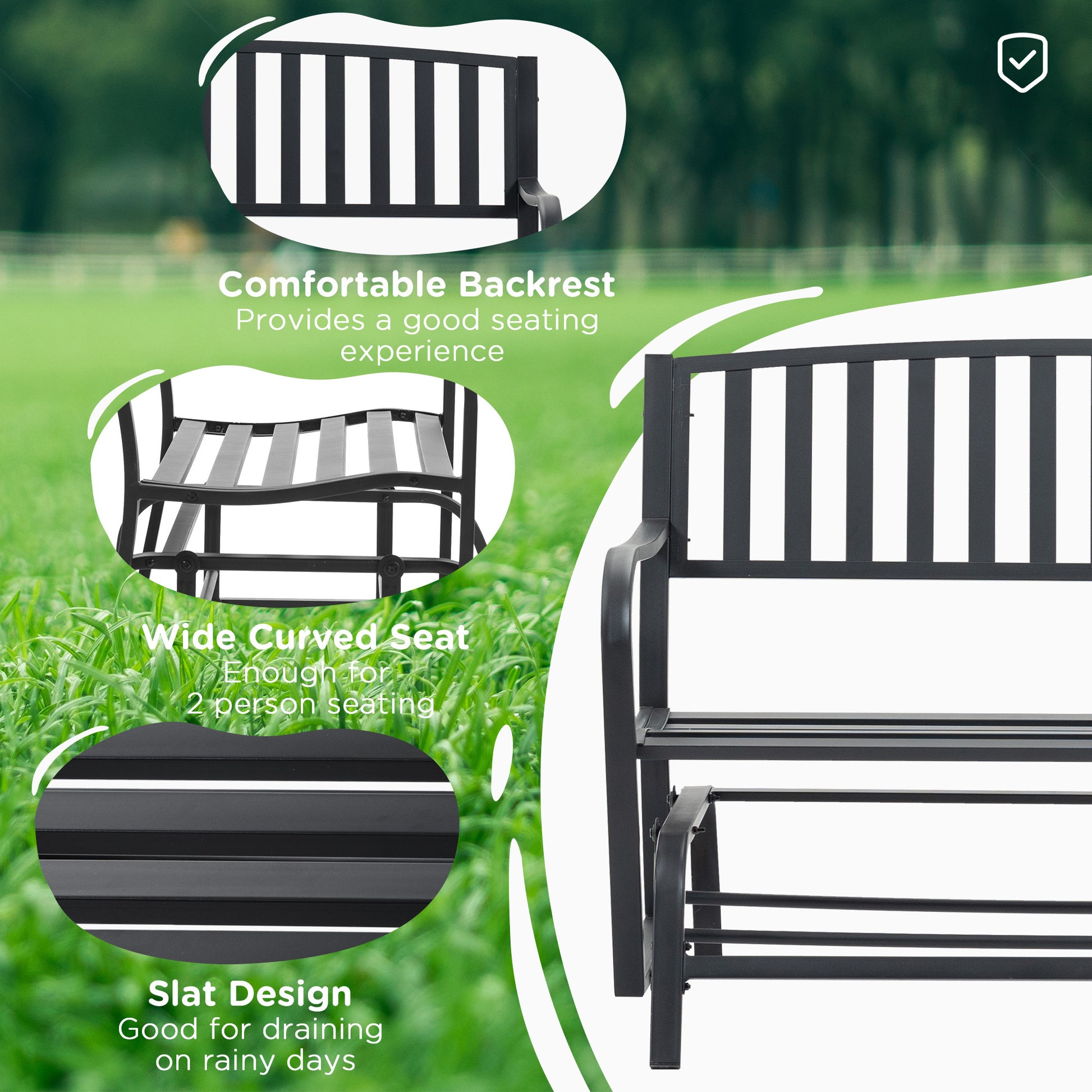 Outsunny Outdoor Glider Bench, Glider Bench For Outside Patio With Armrests, Slatted Seat & Backrest, Loveseat With Power Coated Steel Frame, Black Black Steel