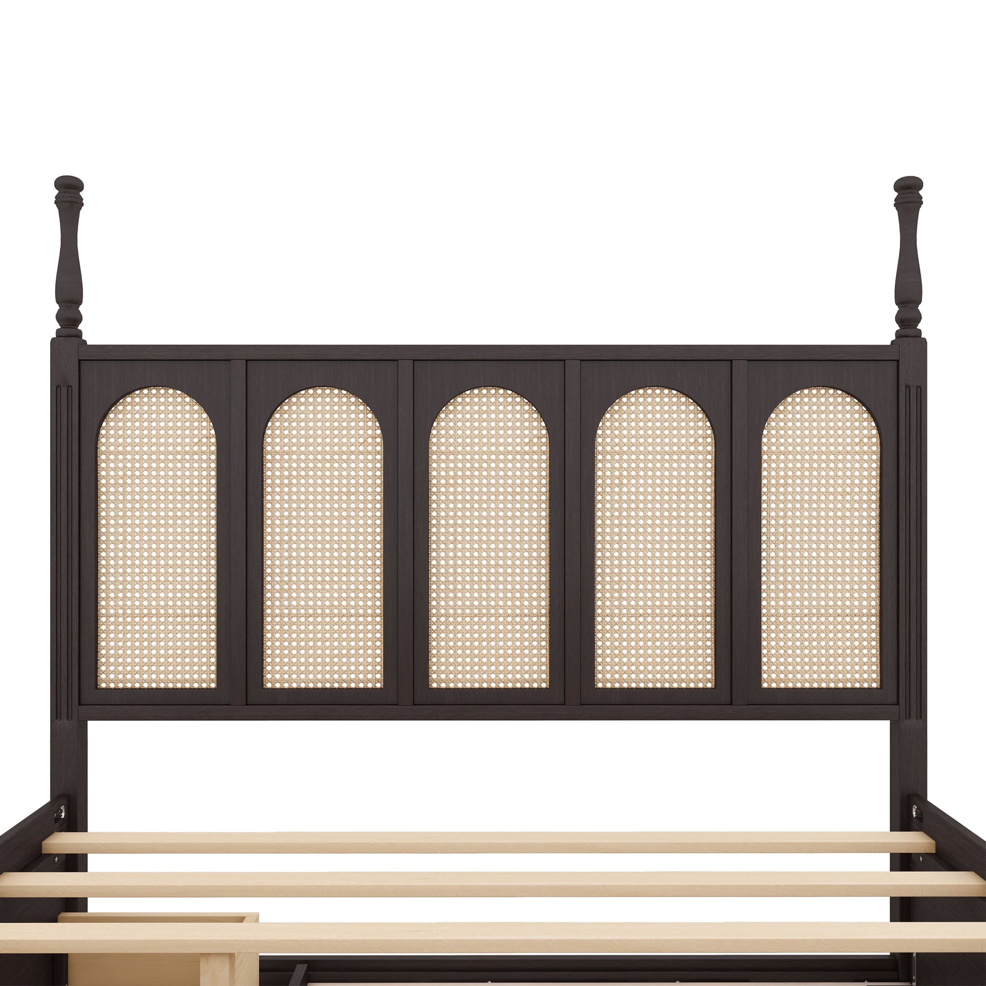 Queen Size Rattan Platform Bed With With 2 Big Drawers, T Size Trundle, Espresso Queen Espresso Plywood