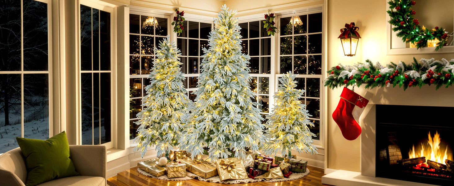 Pre Lit Spruce Snow Flocked Christmas Tree Set 4Ft, 6Ft, 7.5Ft, Artificial Hinged Xmas Tree With 800 Warm Yellow & Colorful Led Lights, 8 Flashing Modes, Holiday Office Home D Cor White Green Polyethylene