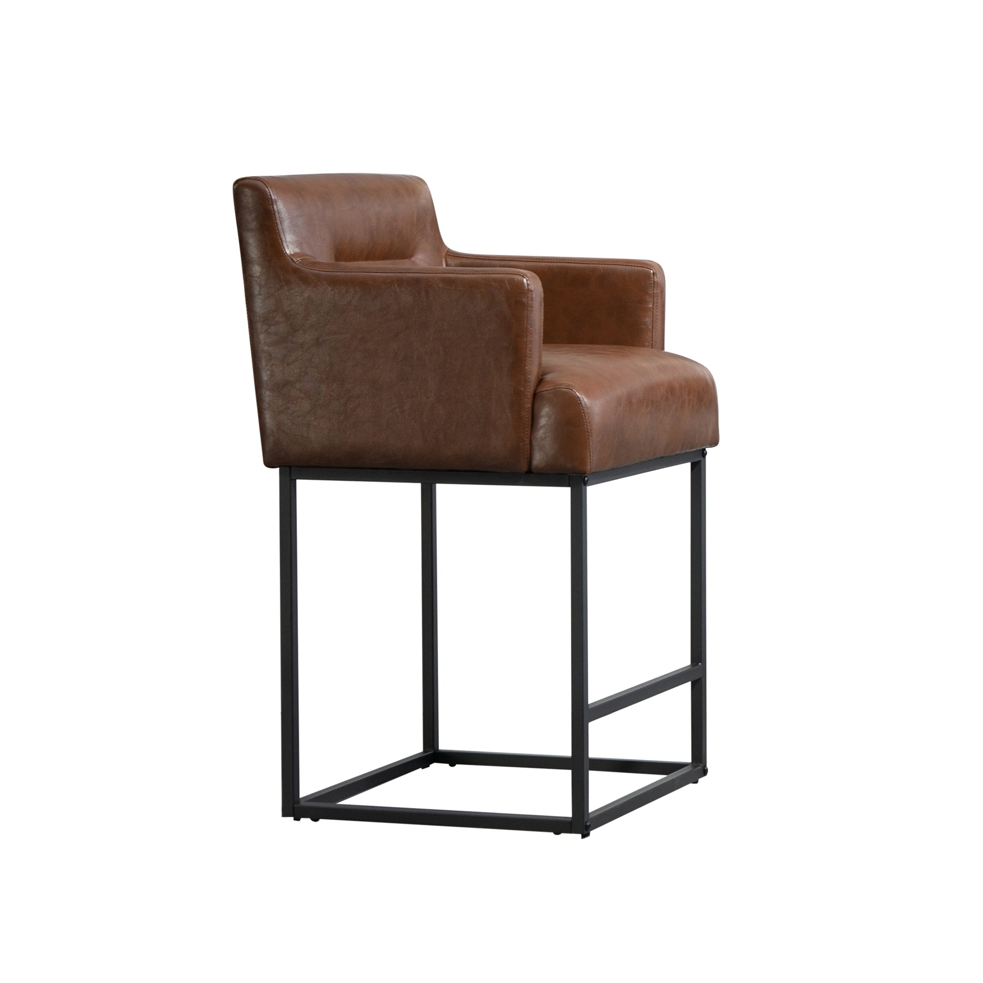 Coolmore Counter Height Bar Stools Set Of 2, Modern Barrel Bar Stool With Backrest And Arms, Black Metal Frames, Upholstered Bar Stools For Kitchen Island, Pub, Club Brown Pu Foam Pu Leather