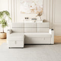 85 Inches Corduroy Sofa Bed, 3 Seater Sleeper Sofa With Storage Chaise, Square Handrail With Two Cup Holder And Usb Charge Port, Pull Out Couch For Living Room Beige Corduroy 3 Seat