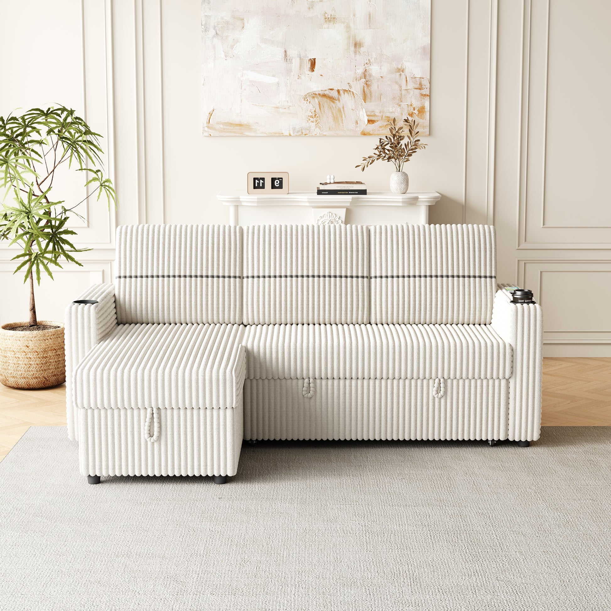85 Inches Corduroy Sofa Bed, 3 Seater Sleeper Sofa With Storage Chaise, Square Handrail With Two Cup Holder And Usb Charge Port, Pull Out Couch For Living Room Beige Corduroy 3 Seat