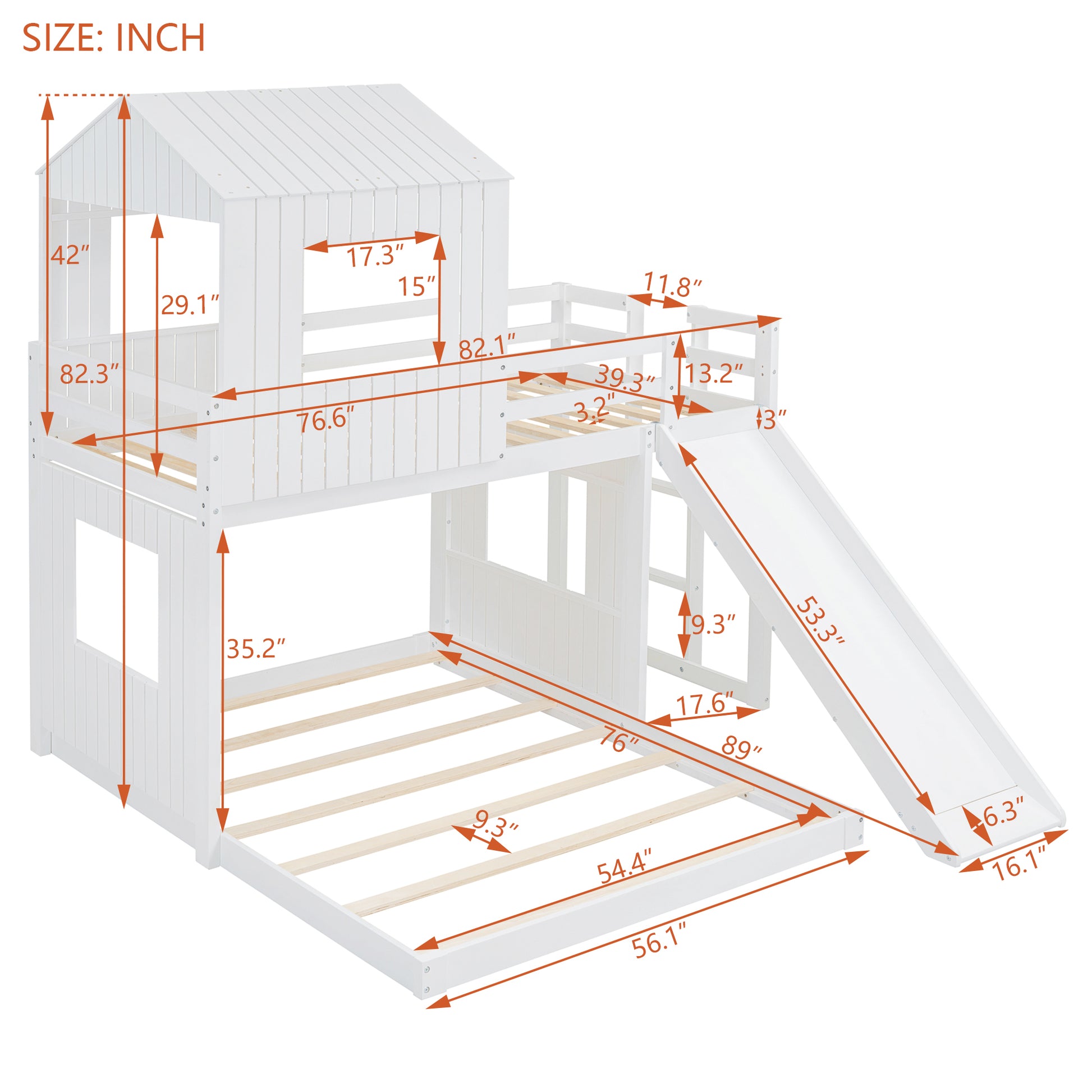 Wooden Twin Over Full Bunk Bed, Loft Bed With Playhouse, Farmhouse, Ladder, Slide And Guardrails, White Old Sku :Lt000028Aak Twin White Solid Wood