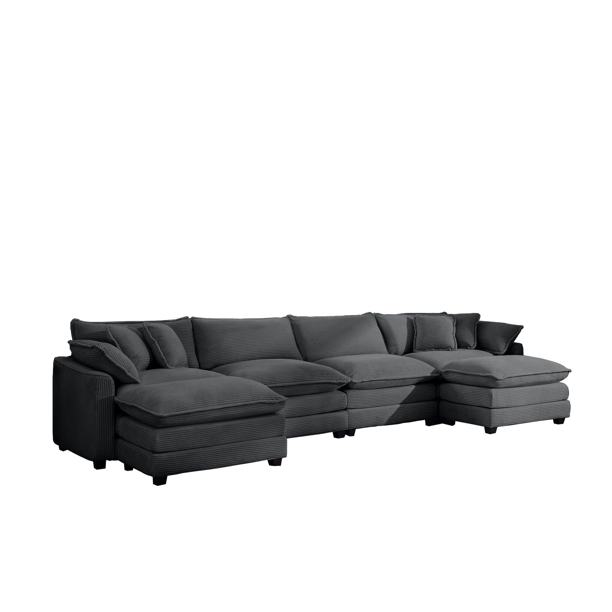 Corduroy Sofamodern Upholstered 4 Seater With 3 Footstools Corduroy Fabric Sofaoffice Living Room Apartment Comfortable Sofa, Easy To Assemble With 2 Arm Pillows And 4 Throw Pillows Grey Corduroy 4 Seat