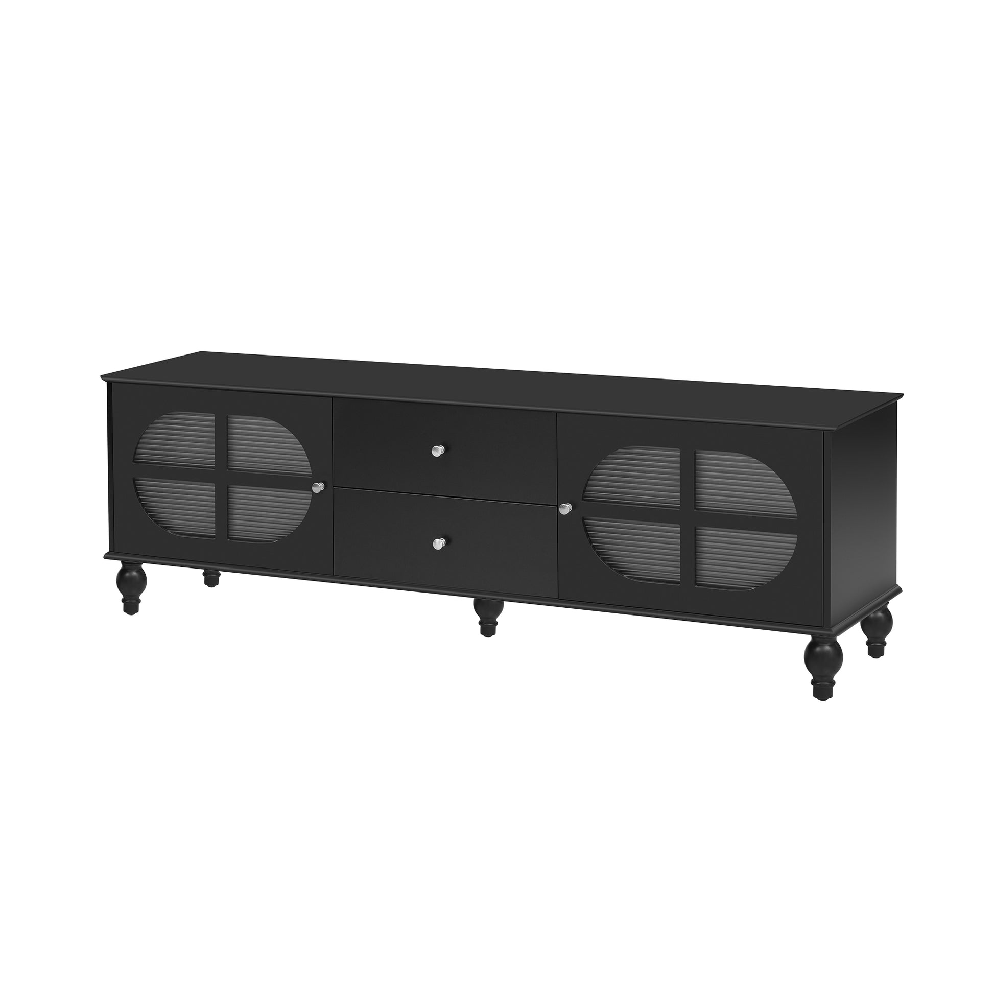 68.9'' Modern Tv Stand For Tvs Up To 75 Inches, Entertainment Center Media Console With Fluted Glass Doors, Five Solid Wood Legs For Living Room Black 70 79 Inches Mdf
