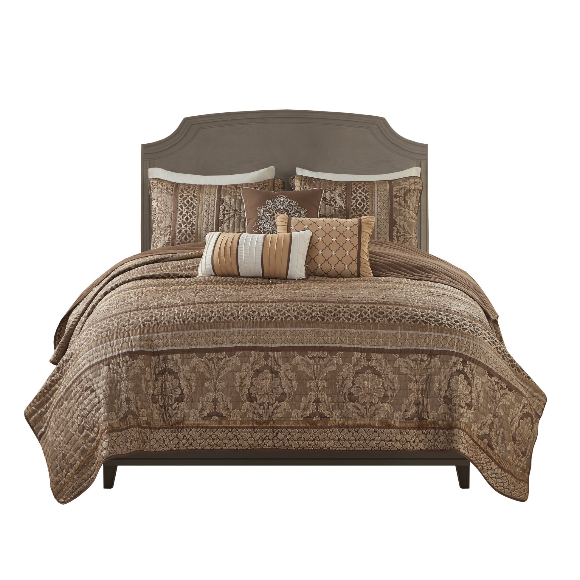 6 Piece Jacquard Quilt Set With Throw Pillows Brown Gold Full Queen Full Brown Gold Cotton