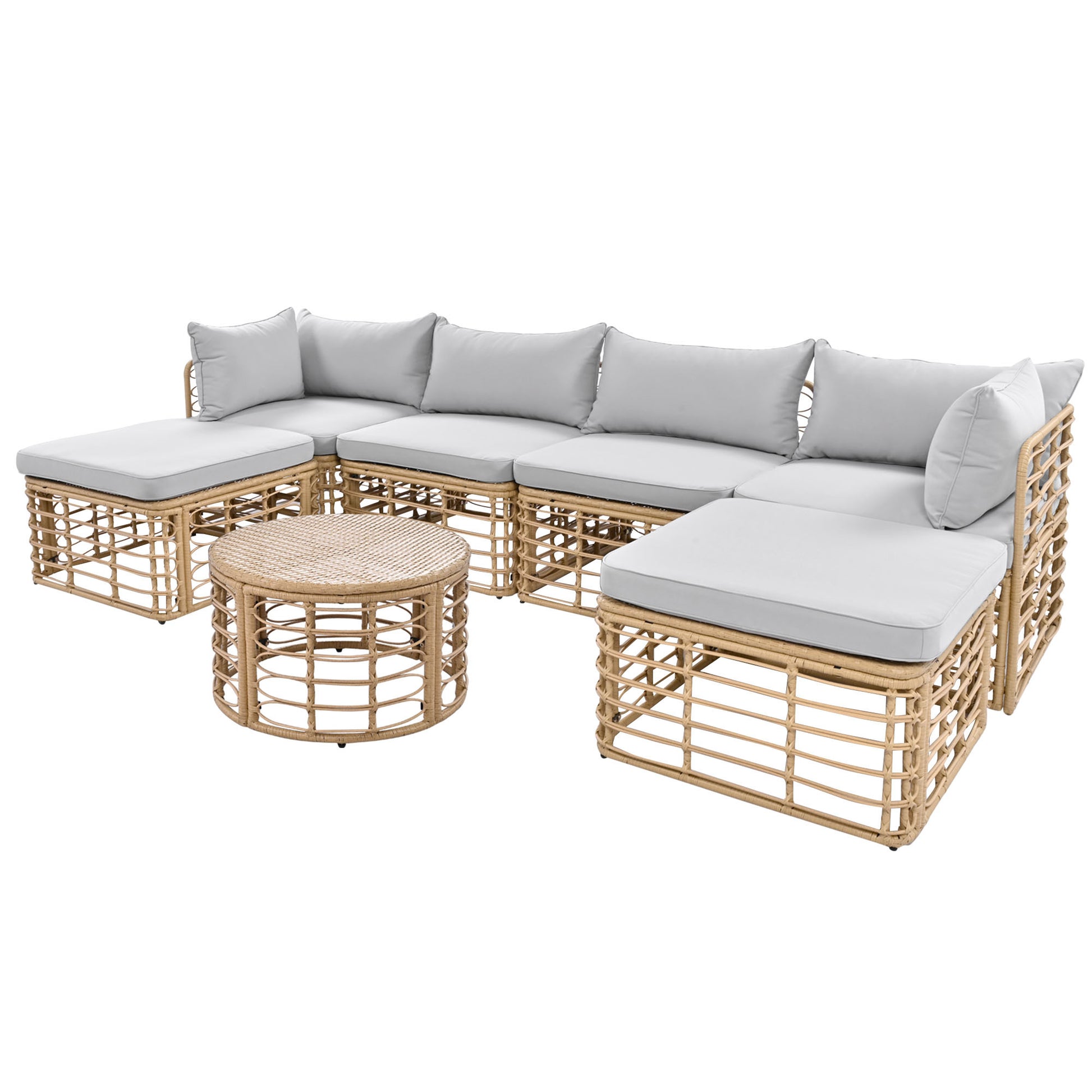 7 Pieces Outdoor Patio Furniture, All Weather Rattan Sectional Sofa Set With Thick Cushions And Pillows, Freely Combined Conversation Sets For Garden, Backyard, Balcony, Gray Yes Gray Seats 6 Garden & Outdoor Complete Patio Sets Foam Wicker