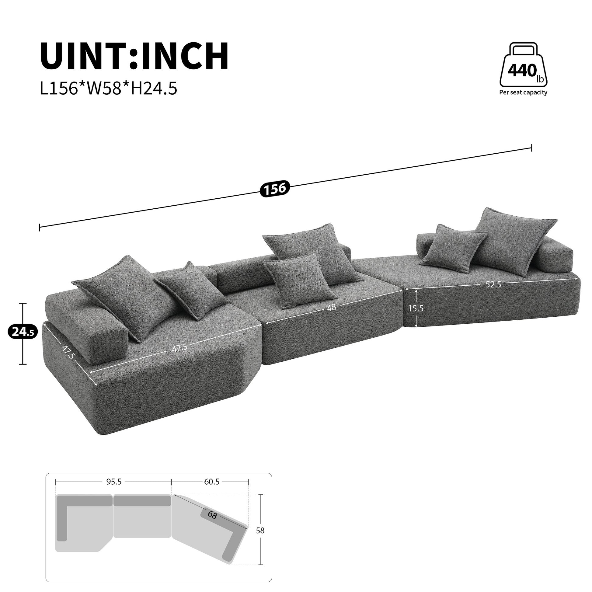 Oversized Modular Sectional Sofa,Luxury Boucle Floor Couch Set,Convertible Sleeper Couch,Spacious Foam Filled Sofa Bed For Living Room,3 Pc Free Combination,2 Colors Gray Boucle 5 Seat