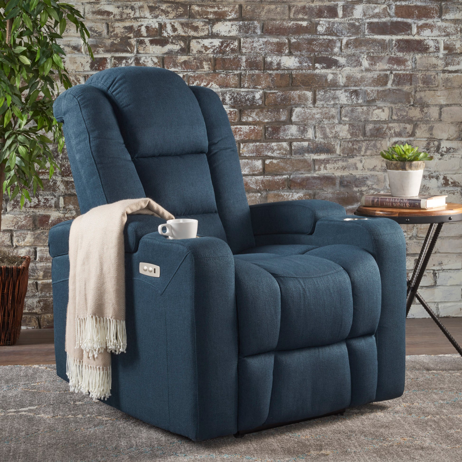 33" Wide Power Standard Recliner Chair With Arm Storage With Usb Navy Blue Fabric