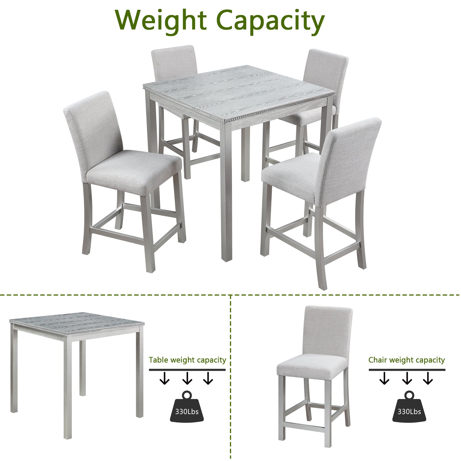 5 Piece Counter Height Table Set, Wooden Kitchen Table Set With Square Table And 4 Upholstered Chairs, Counter Height Dining Table With Crystal Decoration And Chair Set, Silver Grey Beige Silver Gray Seats 4 Dining Room 4 Leg Square Dining Table With