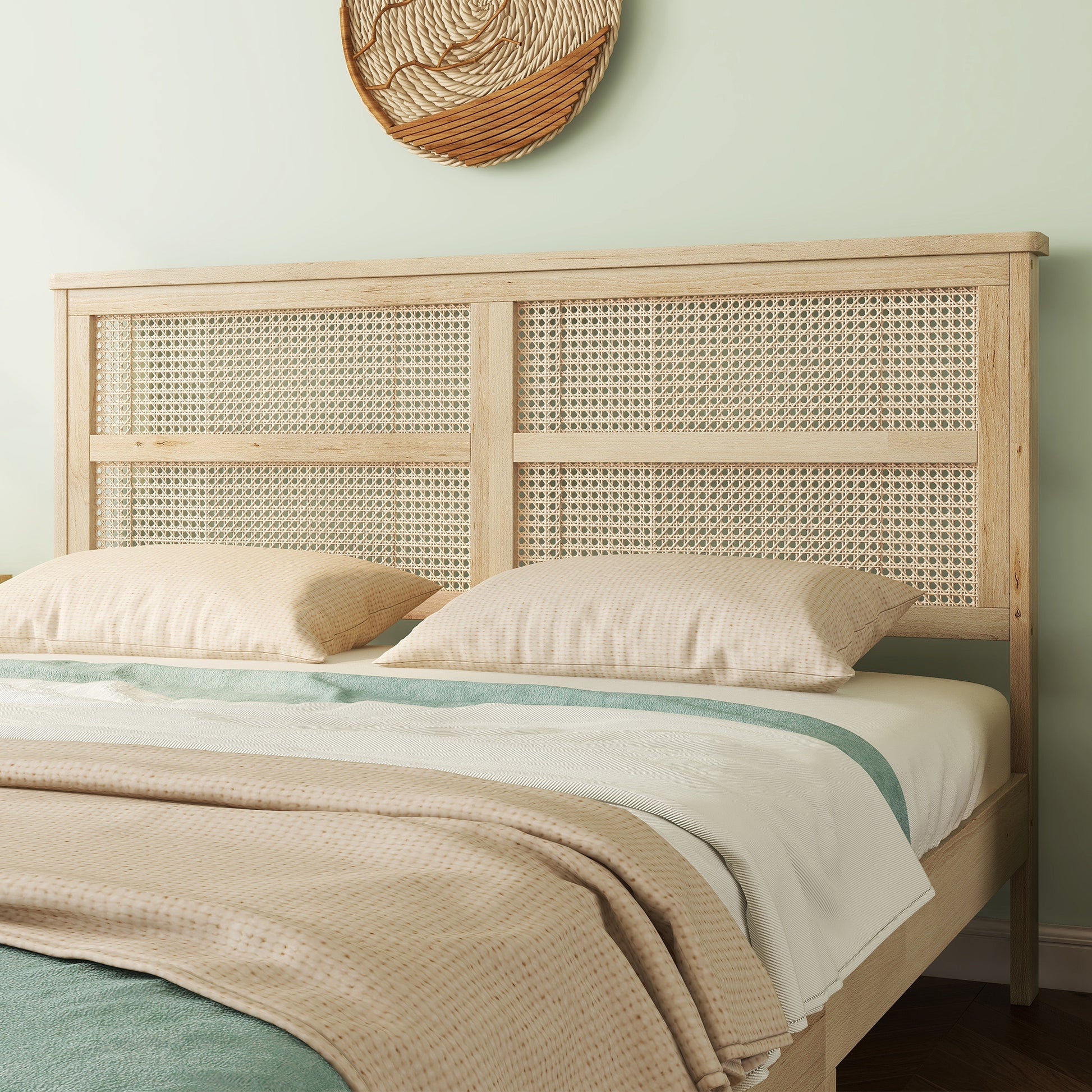 Queen Size Rubber Wooden, Solid Wooden Bed With Rattan Headboard, Enhanced By Support Feet Queen Natural American Design Rubber Wood
