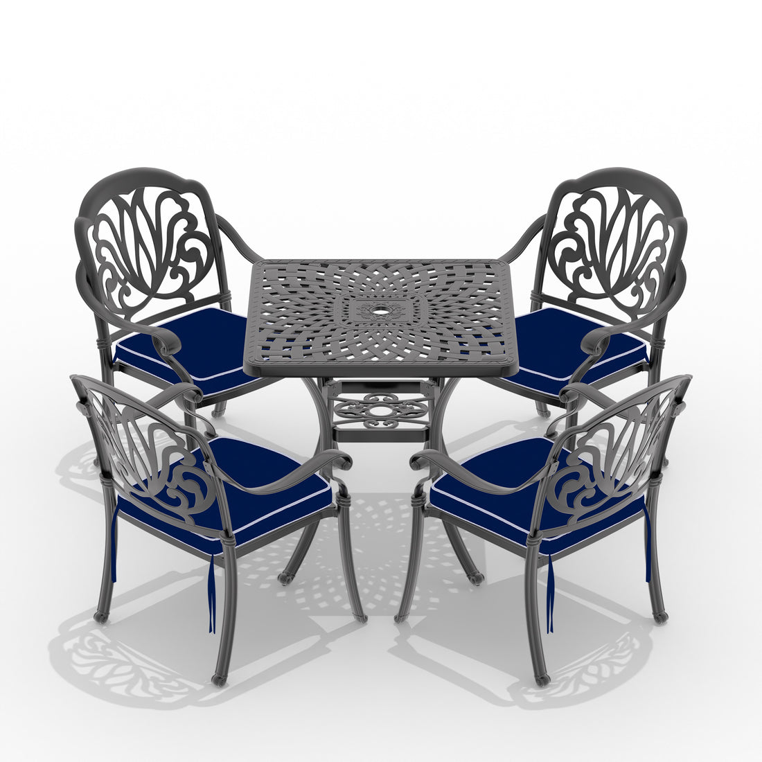 Cushions In Random Colors 5 Piece Set Of Cast Aluminum Patio Furniture With Cushions Yes Dining Set Black Seats 4 Rust Resistant Frame Water Resistant Cushion Garden & Outdoor Complete Patio Sets Aluminium