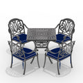 Cushions In Random Colors 5 Piece Set Of Cast Aluminum Patio Furniture With Cushions Yes Dining Set Black Seats 4 Rust Resistant Frame Water Resistant Cushion Garden & Outdoor Complete Patio Sets Aluminium