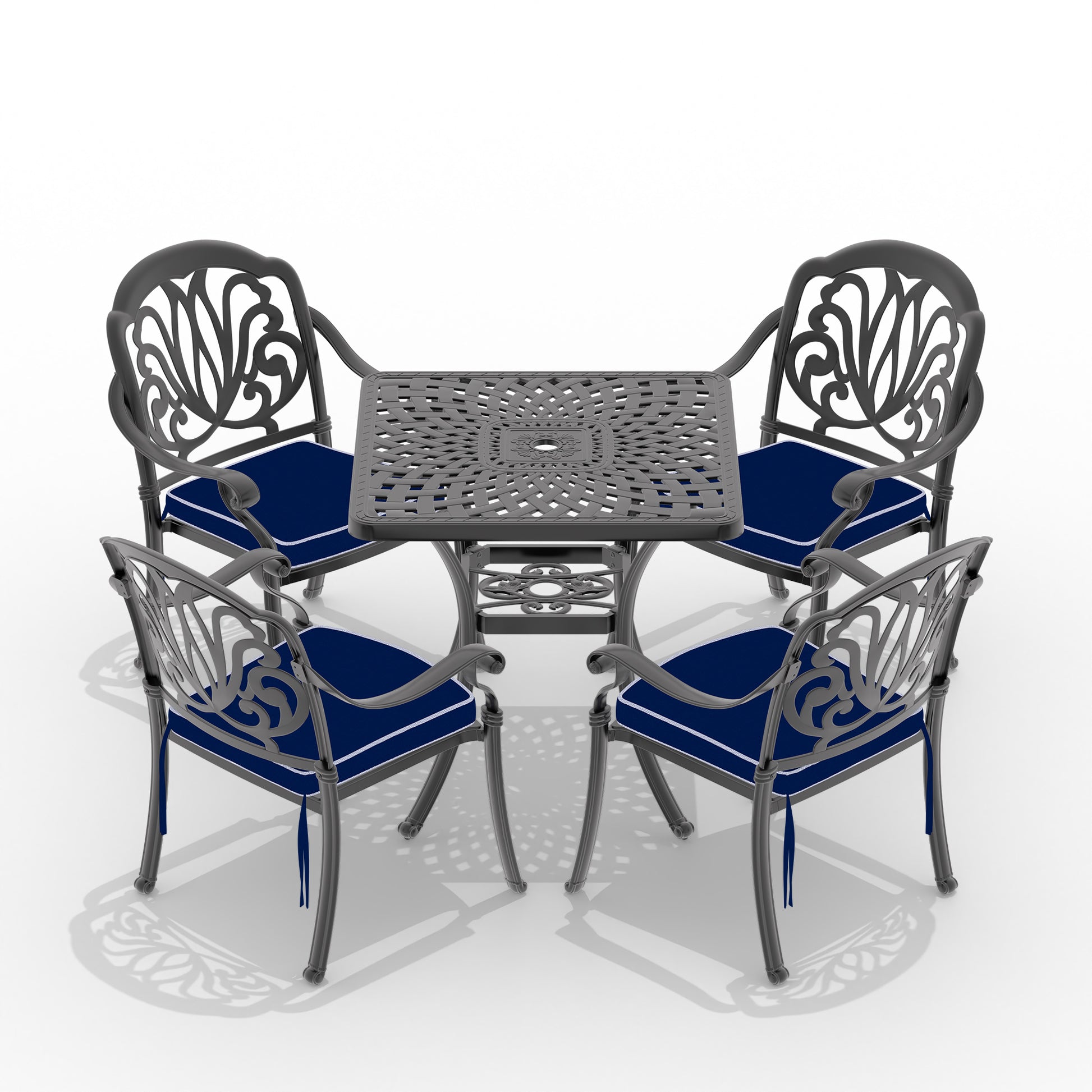Cushions In Random Colors 5 Piece Set Of Cast Aluminum Patio Furniture With Cushions Yes Dining Set Black Seats 4 Rust Resistant Frame Water Resistant Cushion Garden & Outdoor Complete Patio Sets Aluminium