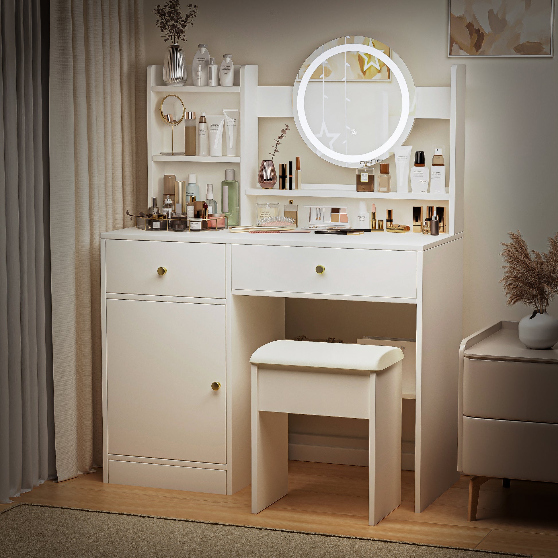 Fashion Vanity Desk With Mirror And Lights For Makeup And Cushioned Chair, Vanity Mirror With Lights And Table Set With 3 Color Lighting Brightness Adjustable,Dressing Table, White Color White 2