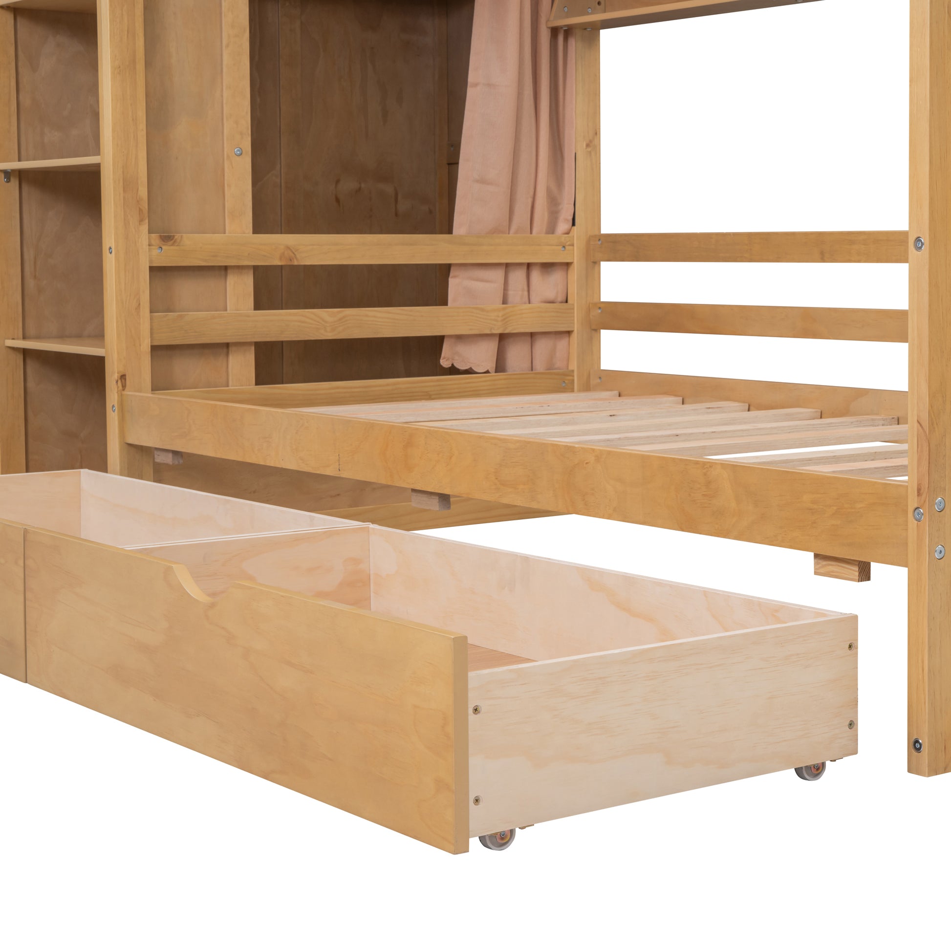 Twin Size House Bed With Two Drawers And Wardrobe,Natural Twin Natural Solid Wood