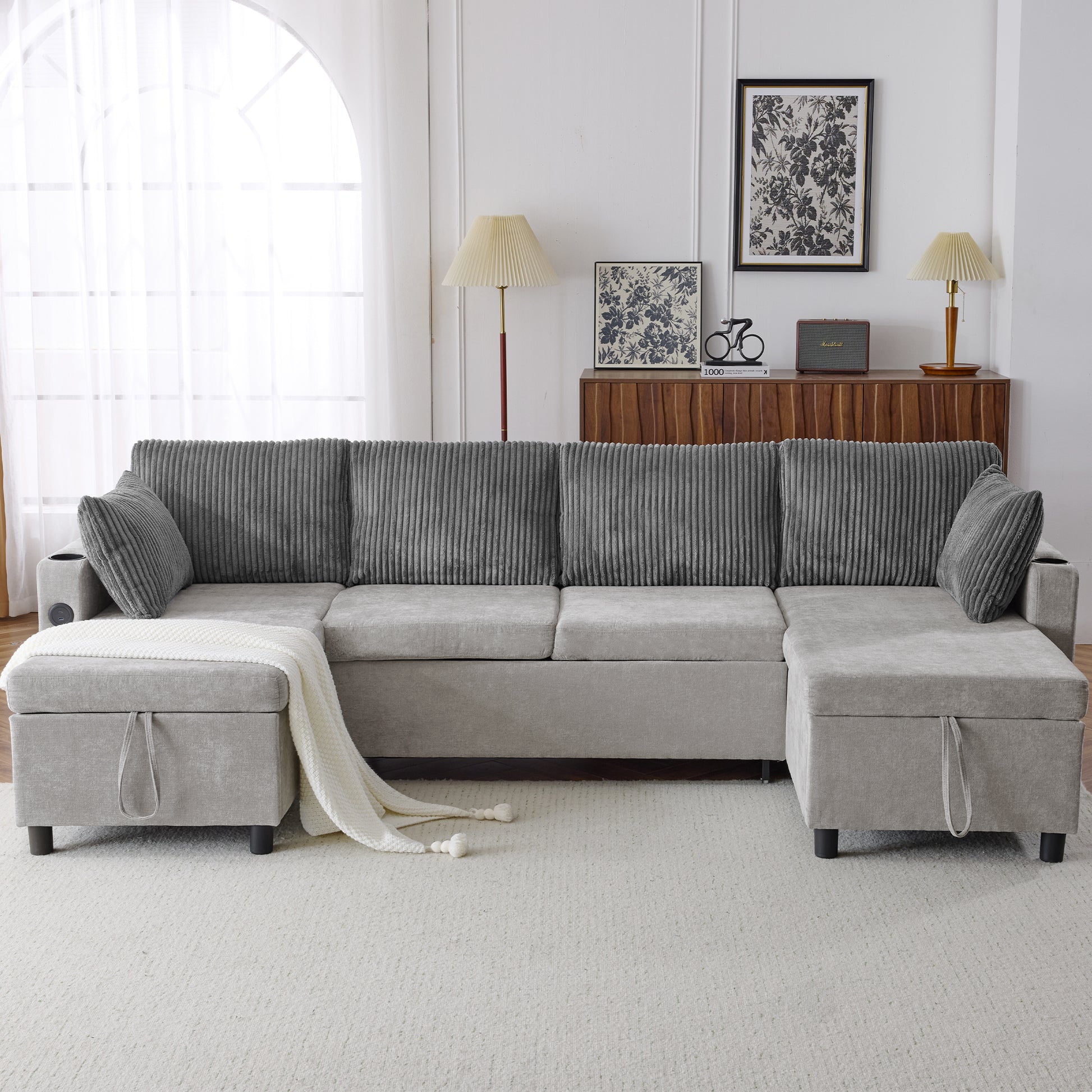 111.8" Sectional Sofa Pull Out Sofa Bed Versatile Sofa Sleeper With Large Storage Space, Two Usb Ports And Two Cup Holders For Living Room, Grey Grey Foam Chenille 4 Seat