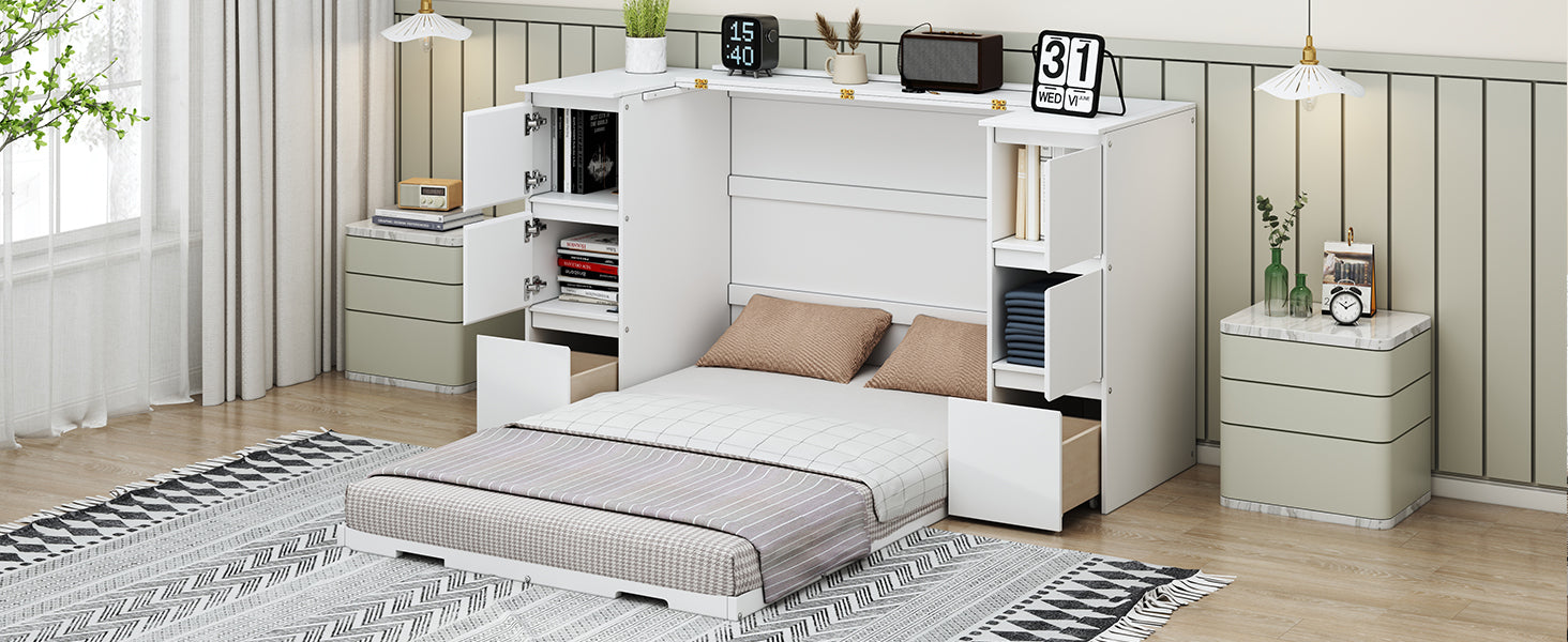 Twin Size Murphy Bed With Drawers, Cabinets And Usb Ports,White Twin White Mdf Lvl