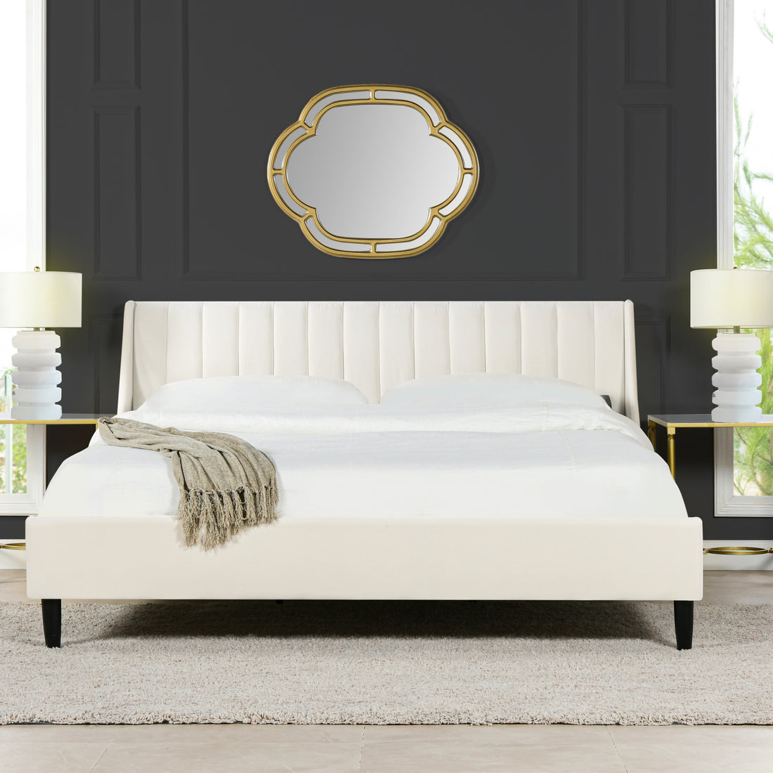 Aspen Vertical Tufted Headboard Platform Bed Set, King, Cloud White Performance Velvet Box Spring Not Required King White Wood Foam Velvet Velvet