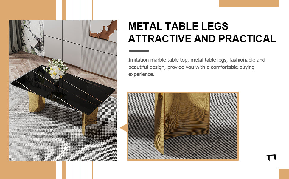 Table And Chair Set.The Table Has A Glass Top With Imitation Marble Pattern Stickers And Stainless Steel Golden Legs. Paried With Chairs With Pu Artificial Leather Backrest Cushions And Black Legs. Black Gold Seats 8 Glass Metal