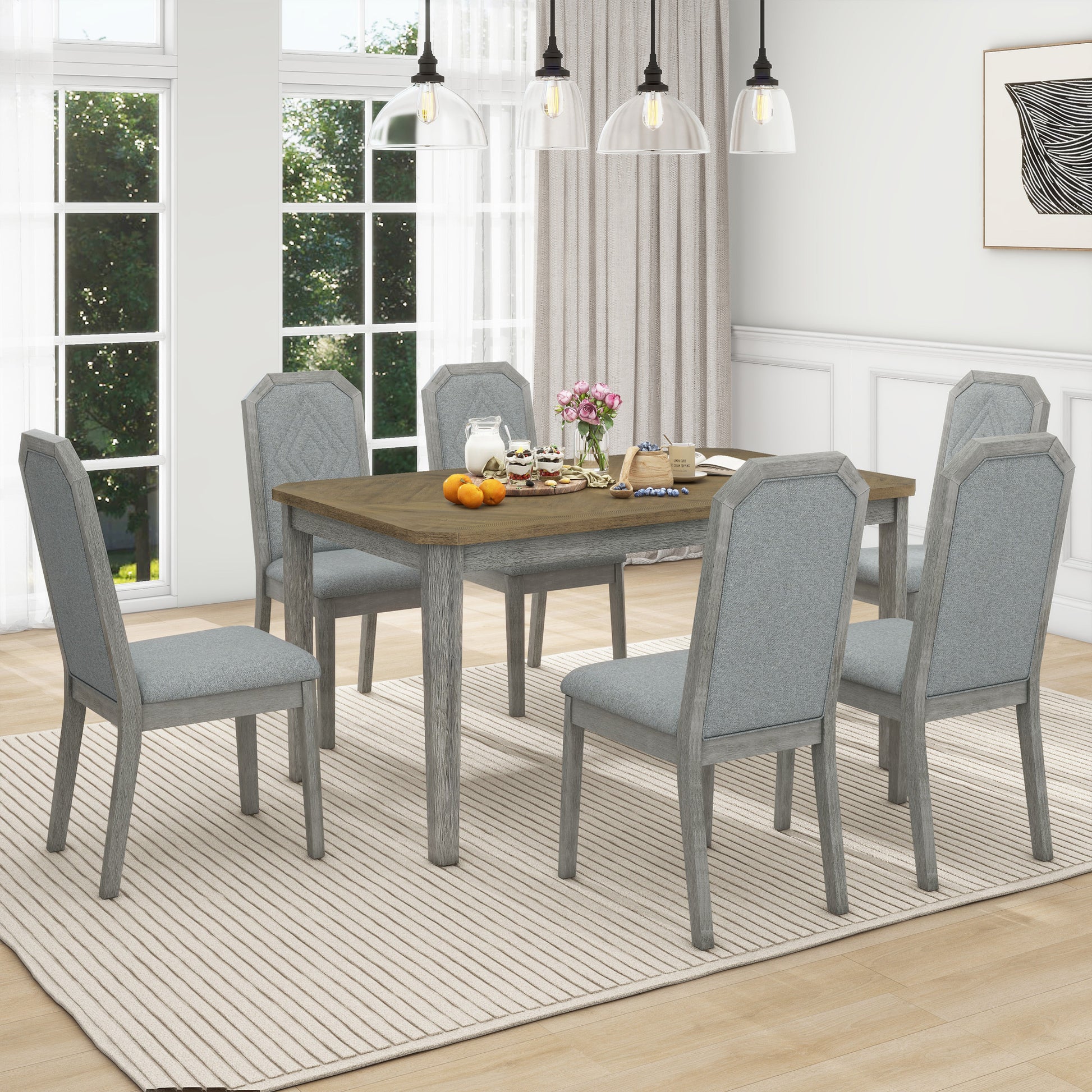 7 Piece Farmhouse Dining Set Classic Rustic Table And 6 High Back Design Chairs For Dining Room, Kitchen Brown Gray Brown Gray Solid Wood Mdf