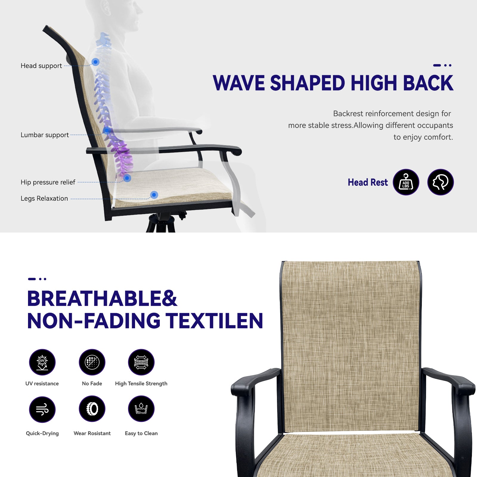 Swivel Dining Chairs Set Of 2, Outdoor Swiveltextilene Patio Chairs Lawn Chairs For Front Porch Backyard Deck No Rocker & Glider Black Brown Weather Resistant Frame Water Resistant Cushion Garden &