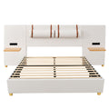 Queen Size Upholstered Platform Bed, Two Outlets And Usb Charging Ports On Both Sides, Two Bedside Pillows, Storage Shelves,Velvet, Beige Queen Beige Mdf Lvl
