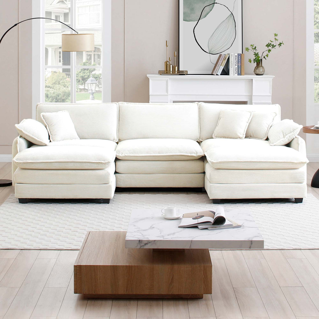 Oversized Modular Cushioned Sofa With Conversible Ottoman, 3 Seater Sofa With 2 Footstools, U Shape Sofa In Beige Corduroy Fabric Beige Corduroy 3 Seat