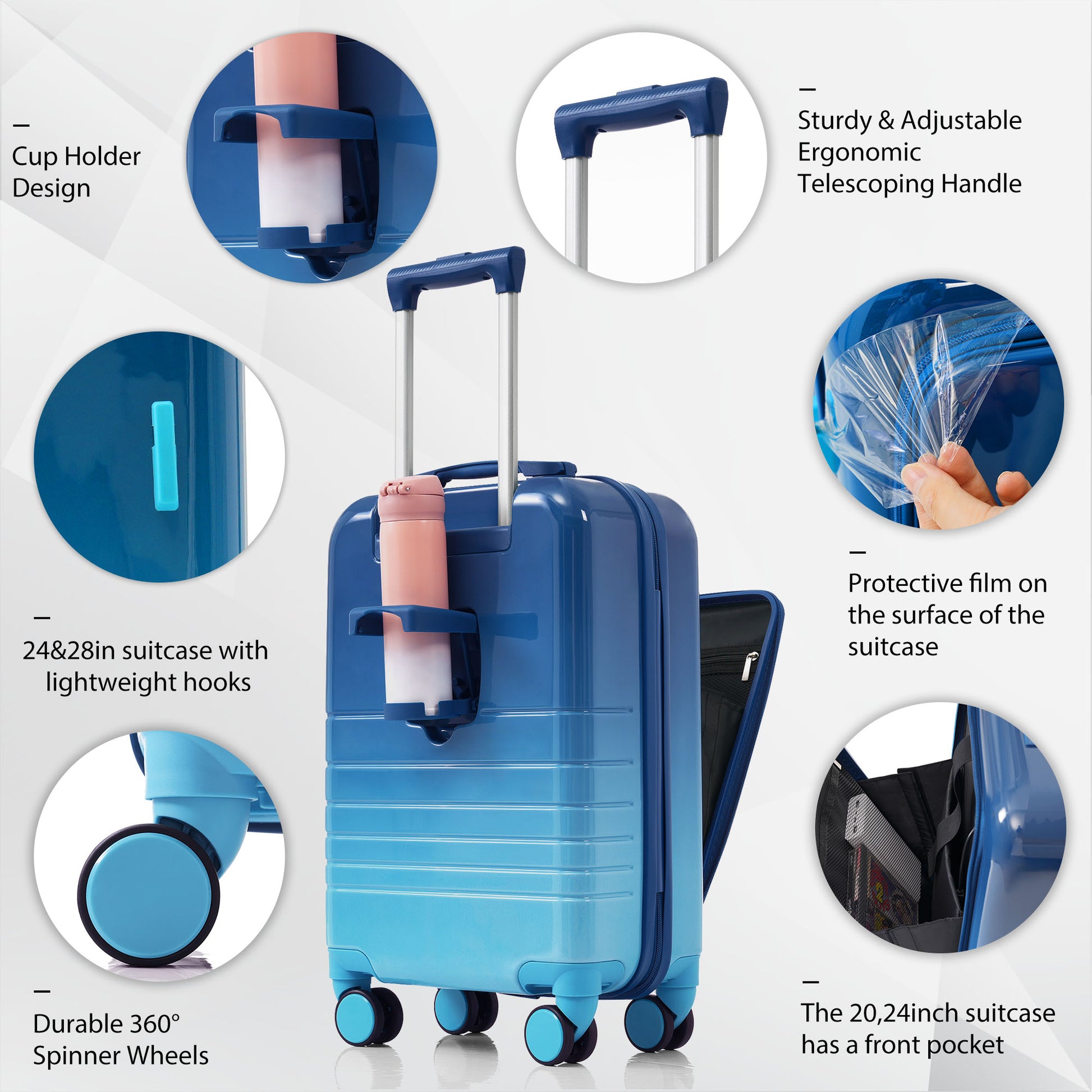 Luggage Set Of 3, 20, 24, 28Inch With Usb Port, 20, 24Inch With Front Opening Design Airline Certified Carry On Luggage With Cup Holder, Abs Pc Hard Shell Luggage With Spinner Wheels, Blue Blue Abs