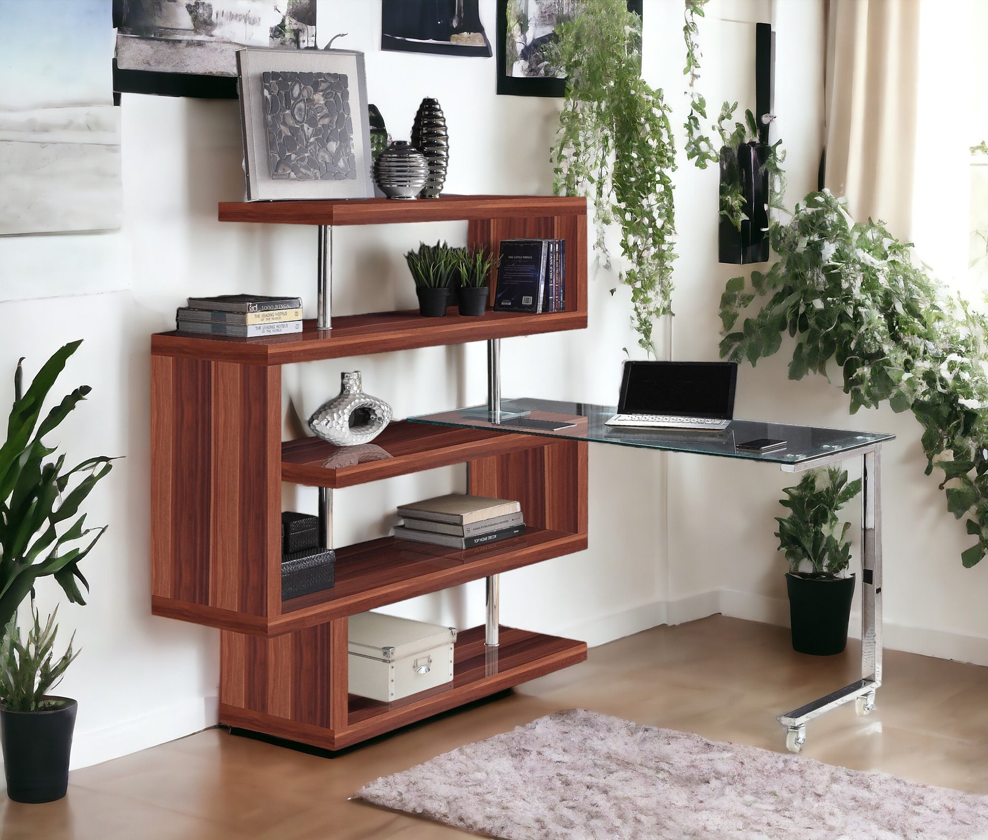 Buck Ii Clear Glass, Chrome High Gloss Finish Writing Desk With Shelf Walnut Synthetic Wood