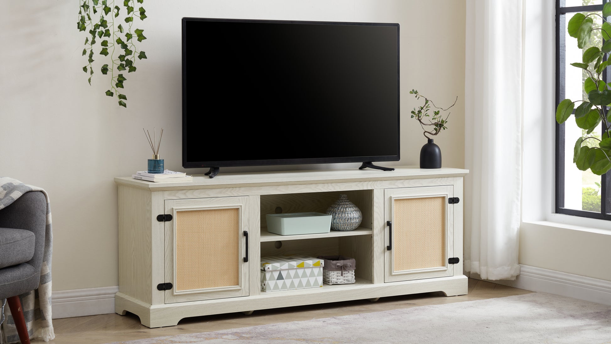 Farmhouse Rattan Tv Stand Console Table For Tvs Up To 70 Inches, Tv Console Table With 2 Storage Shelves, 2 Natural Rattan Door Cabinets,65"W*15.55"D*23.86"H, White Antique White 70 79 Inches Mdf