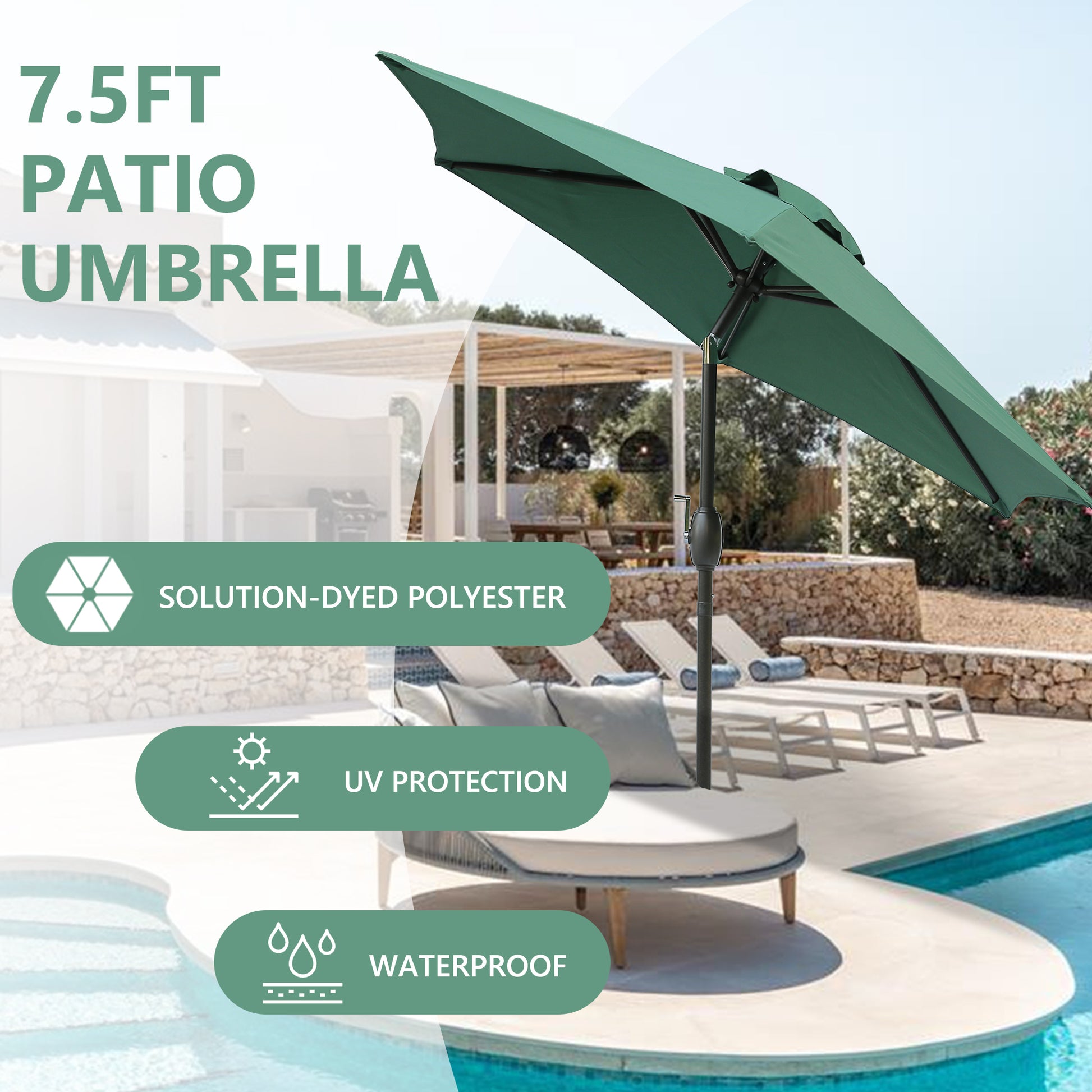 7.5Ft * 7.5Ft Patio Umbrella With Crank And Push Button Tilt, Outdoor Table Market Umbrella With Aluminum Pole Dark Green Dark Green Polyester