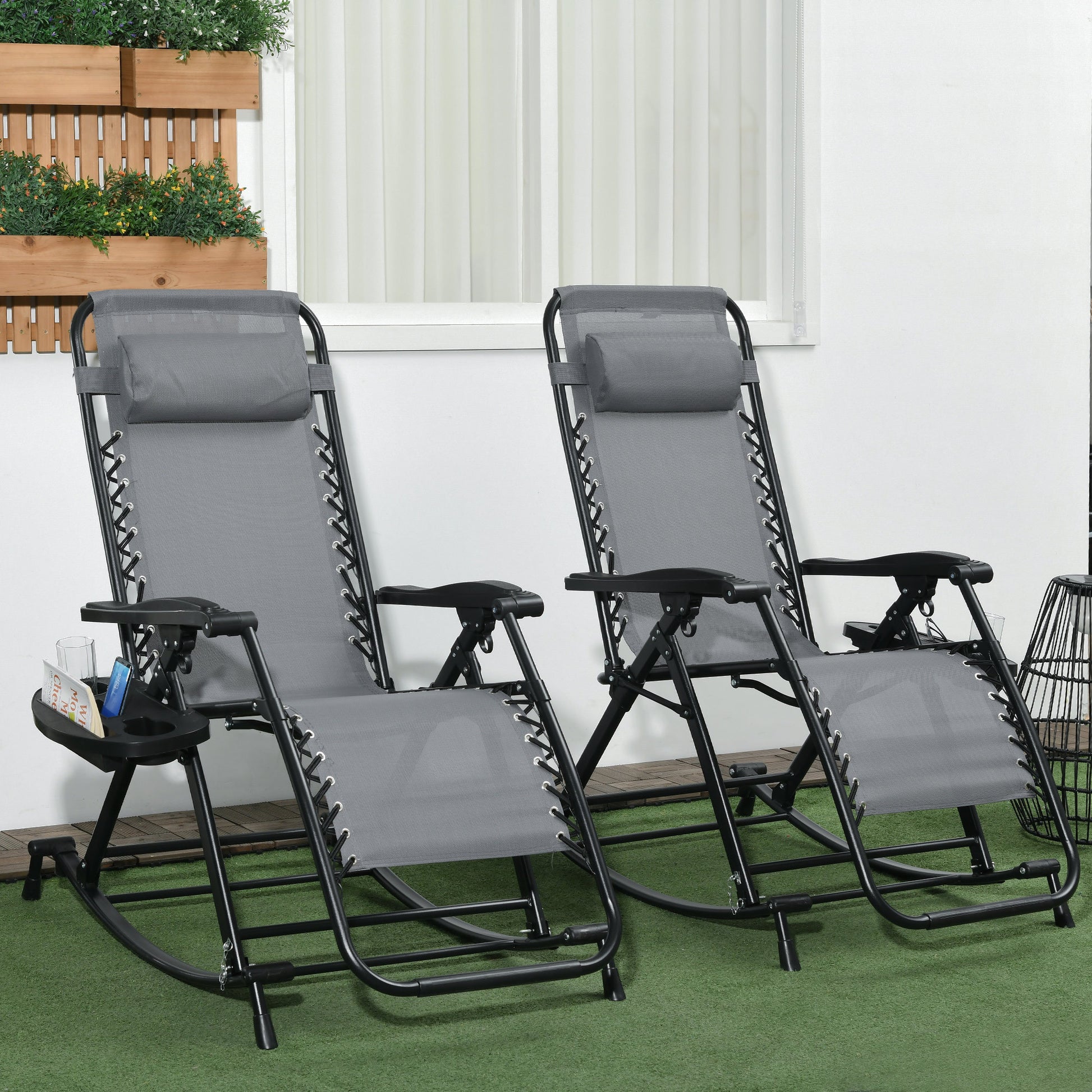 Outsunny 2 Pieces Outdoor Rocking Chairs, Foldable Reclining Zero Gravity Lounge Rocker With Pillow, Cup & Phone Holder, Combo Design With Folding Legs, Gray Gray Steel