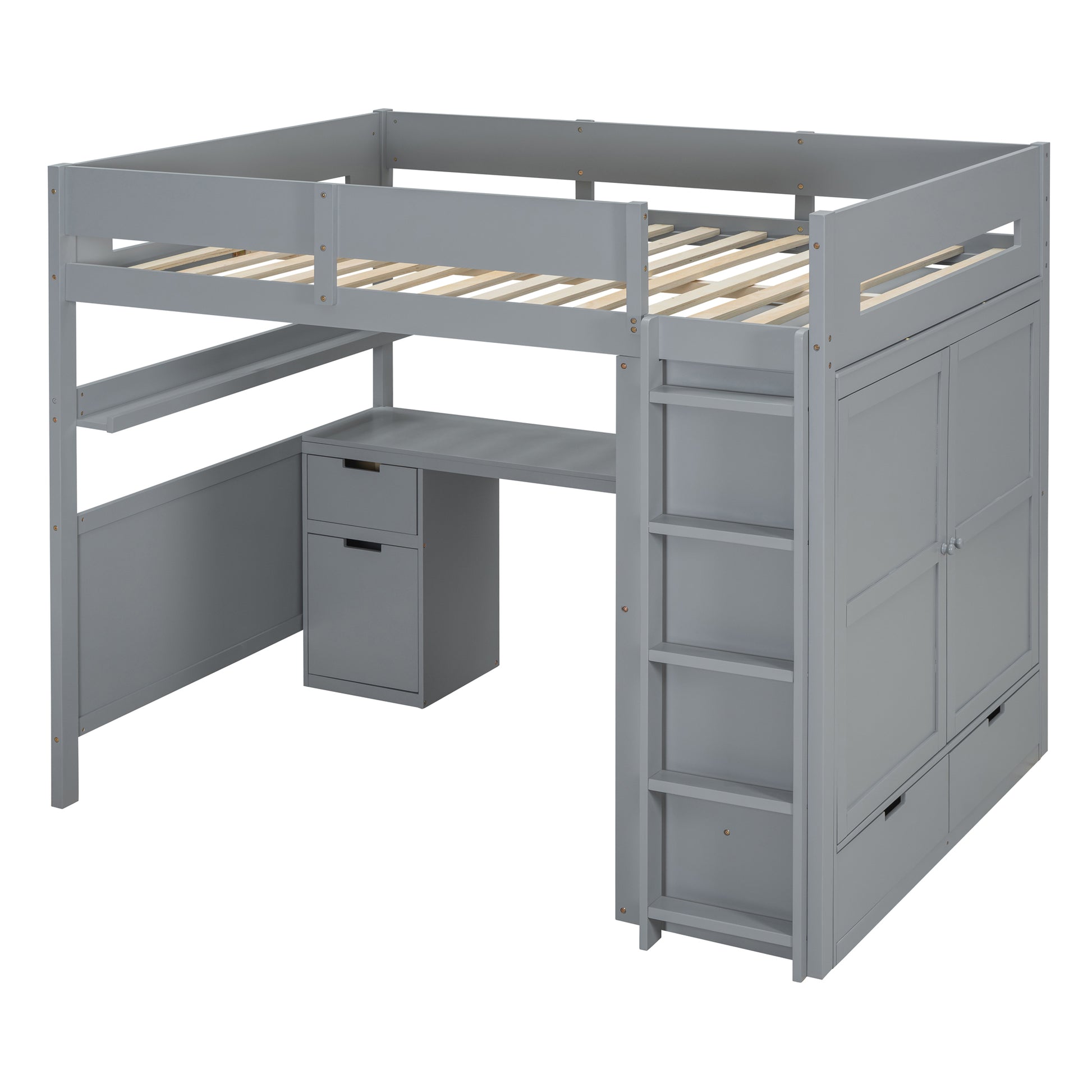 Full Size Wooden Loft Bed With Wardrobe, Desk, Drawers, Shelves, Gray Full Gray Plywood