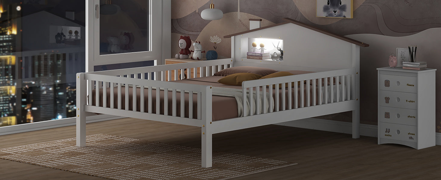 Full Size Wood Platform Bed With House Shaped Headboard, Led And Built In Storage, White Box Spring Not Required Full White Wood Bedroom Bed Frame Wood