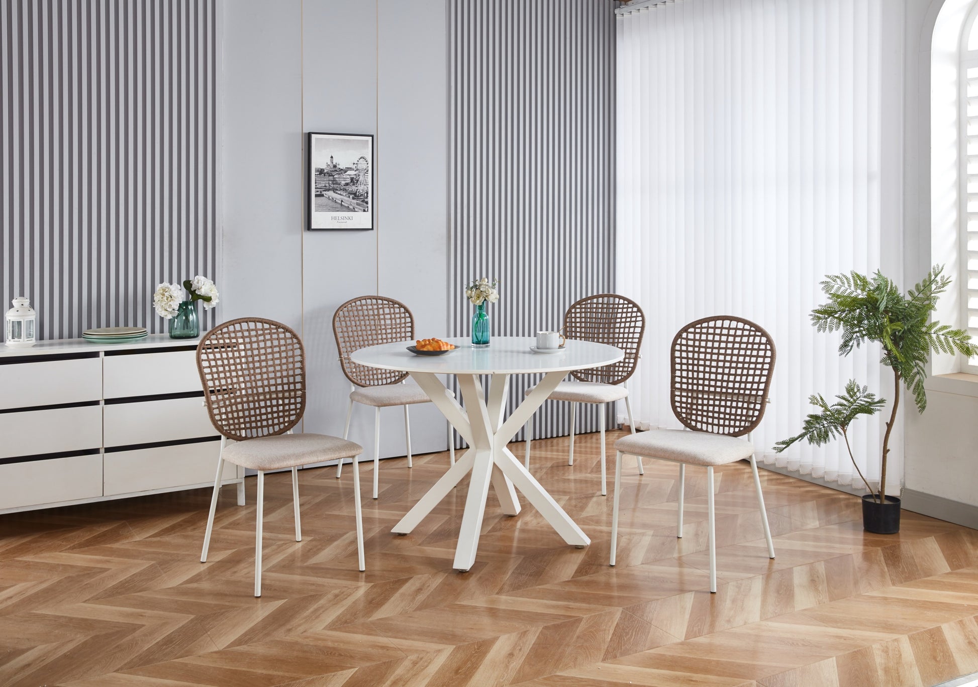 Beige Sennit Chair,Set Of 4,Dining Chair,Coffee Chair White Metal