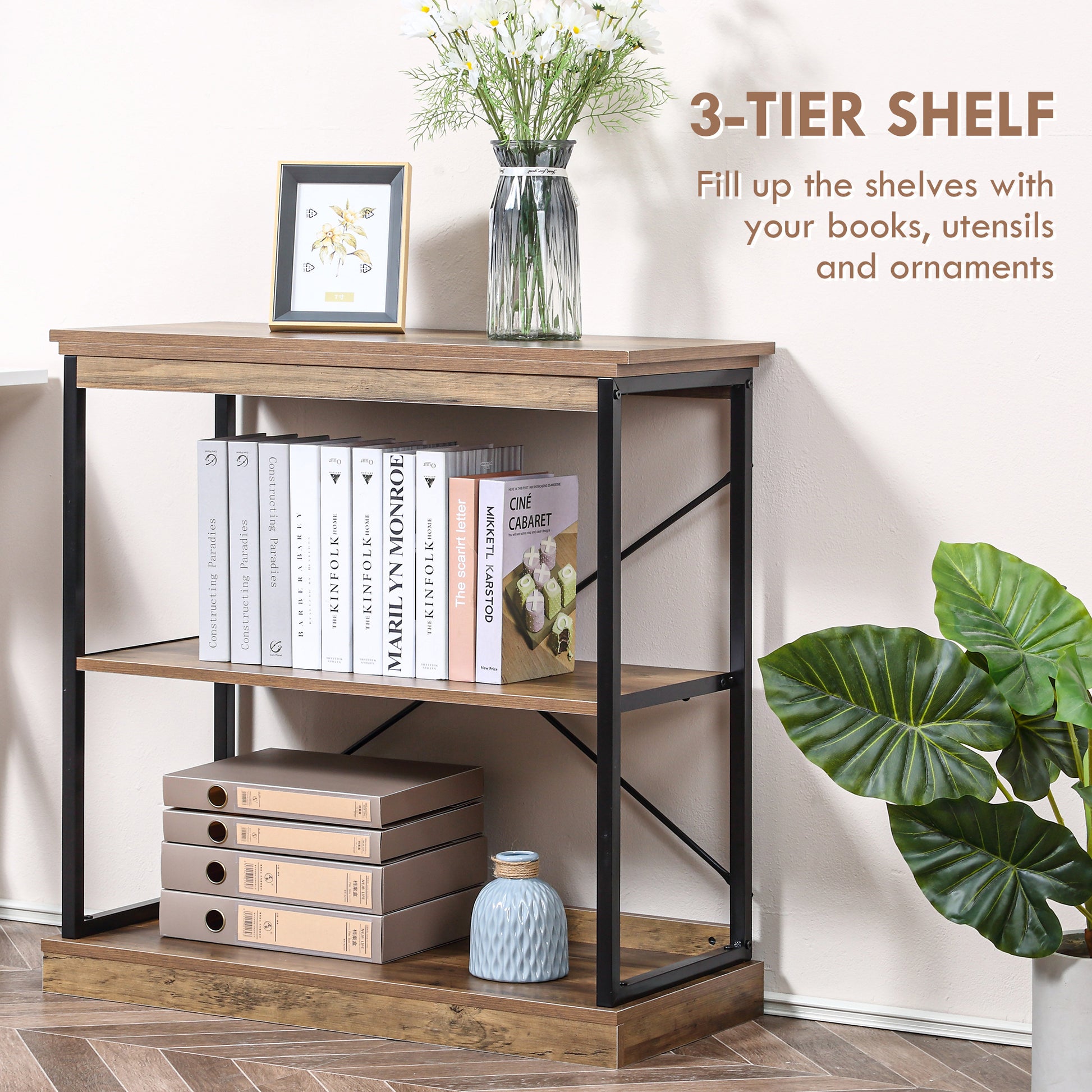 Homcom 2 Tier Shelf, Modern Style Bookshelf With Metal Frame For Living Room, Bedroom, And Office, Brown Brown Steel