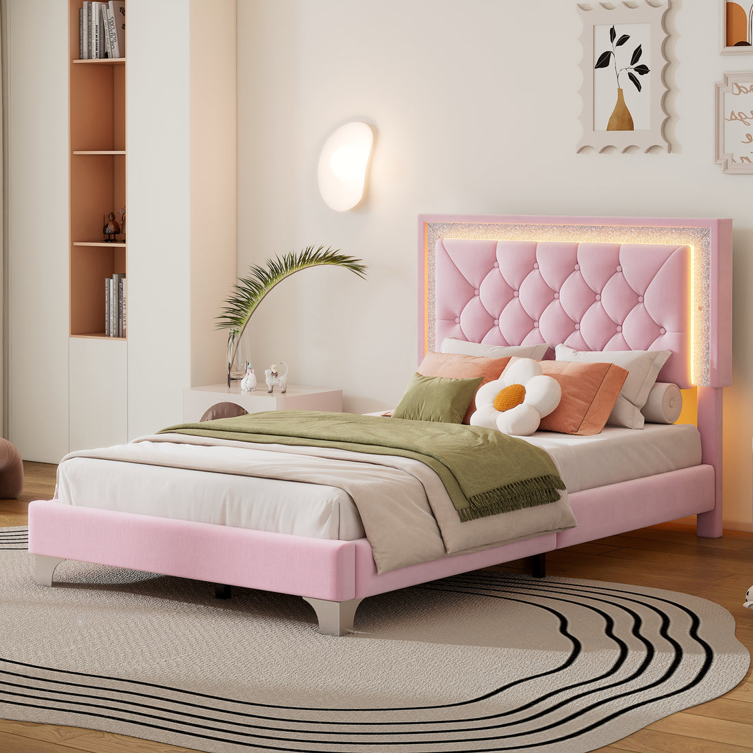 Twin Size Upholstered Bed Frame With Led Lights,Modern Velvet Platform Bed With Tufted Headboard,Pink Twin Pink Velvet