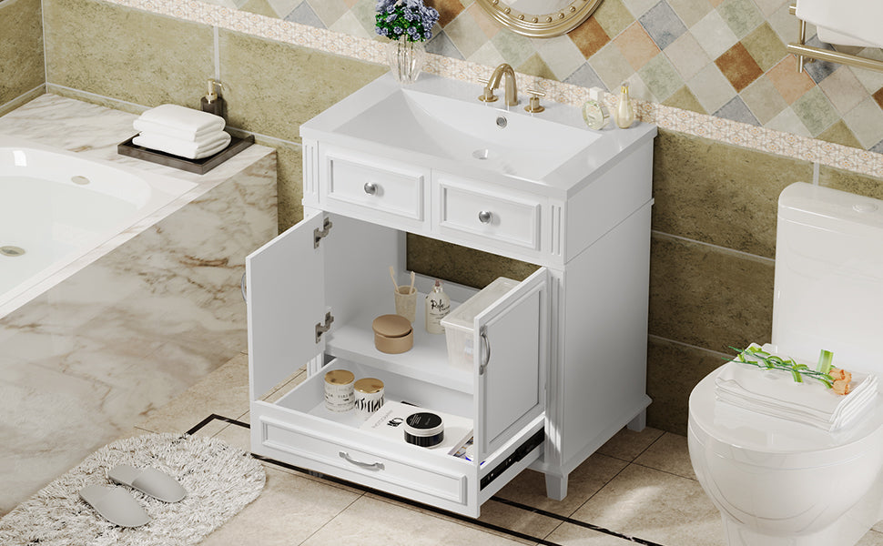 30'' Bathroom Vanity With Resin Sink, Solid Wood Frame Bathroom Storage Cabinet With Soft Closing Doors, Retro Style, White Same As Sw000118Aak White Bathroom Modern Solid Wood Mdf Resin