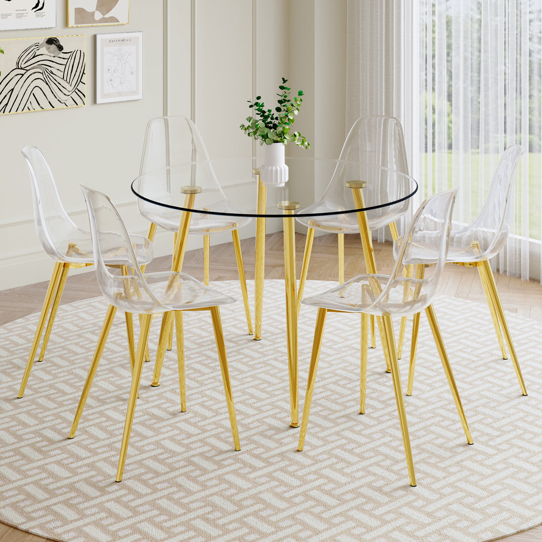 A Modern Minimalist Style Round Transparent Tempered Glass Table With Gold Metal Legs, Paired With 6 Modern Style Transparent Dining Chairs For A Luxurious Experience. Transparent Seats 6 Glass