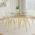 A Modern Minimalist Style Round Transparent Tempered Glass Table With Gold Metal Legs, Paired With 6 Modern Style Transparent Dining Chairs For A Luxurious Experience. Transparent Seats 6 Glass