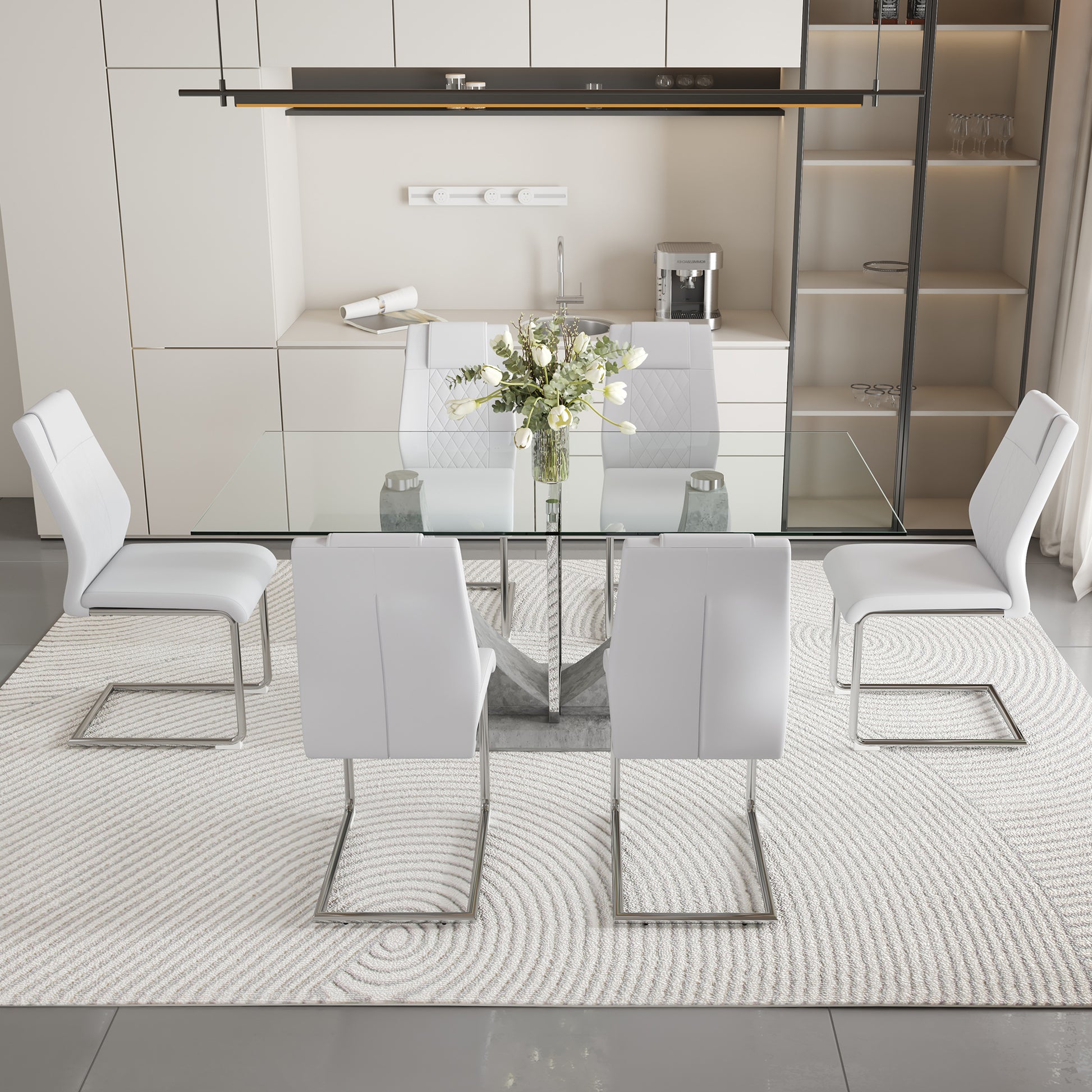 Table And Chair Set, Large Modern Rectangular Glass Table, Can Accommodate 6 8 People, Equipped With A 0.39 Inch Tempered Glass Tabletop And Large Mdf Table Legs, Comfortable And Soft Chairs. Transparent Glass