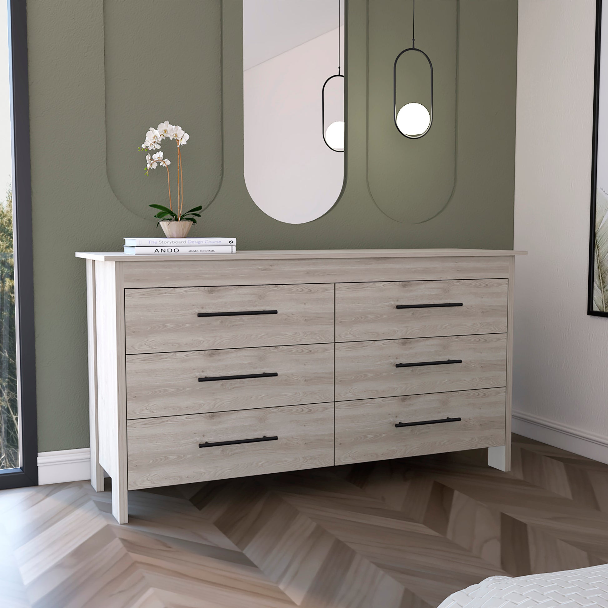 Double Dresser, Four Legs, 6 Drawer, Superior Top, Light Gray Light Gray Solid Wood Mdf Engineered Wood